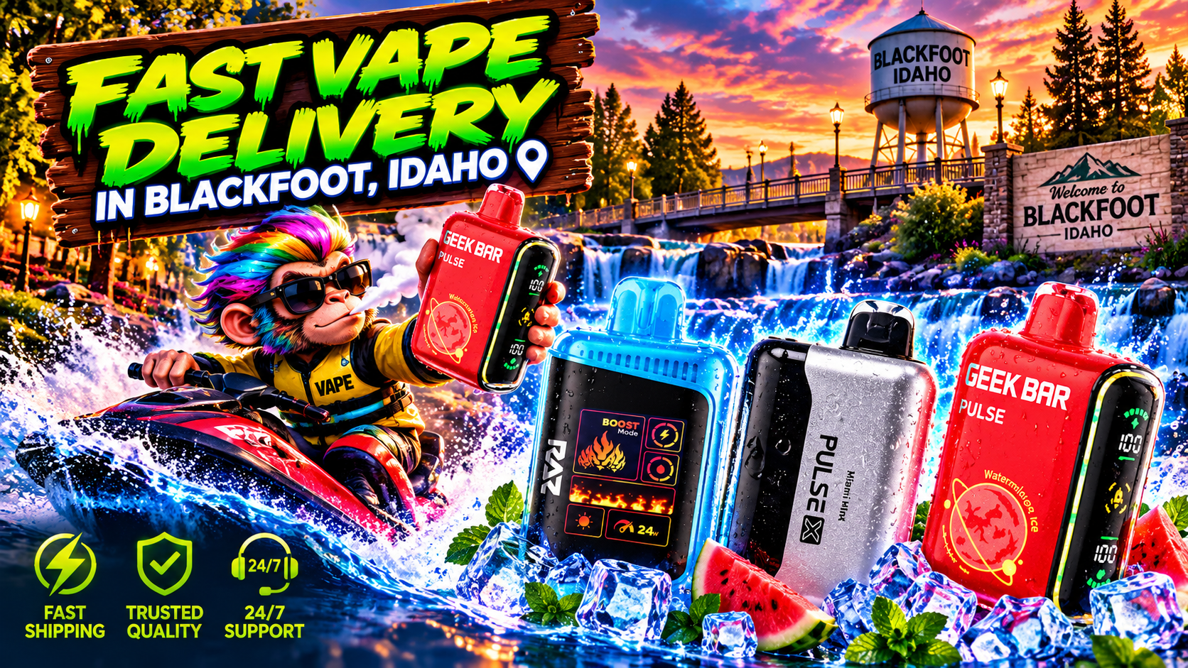 Splash-Framed Device Collection in Blackfoot, Idaho Bright red, blue, and silver devices framed by rushing water and a vivid Blackfoot sunset.