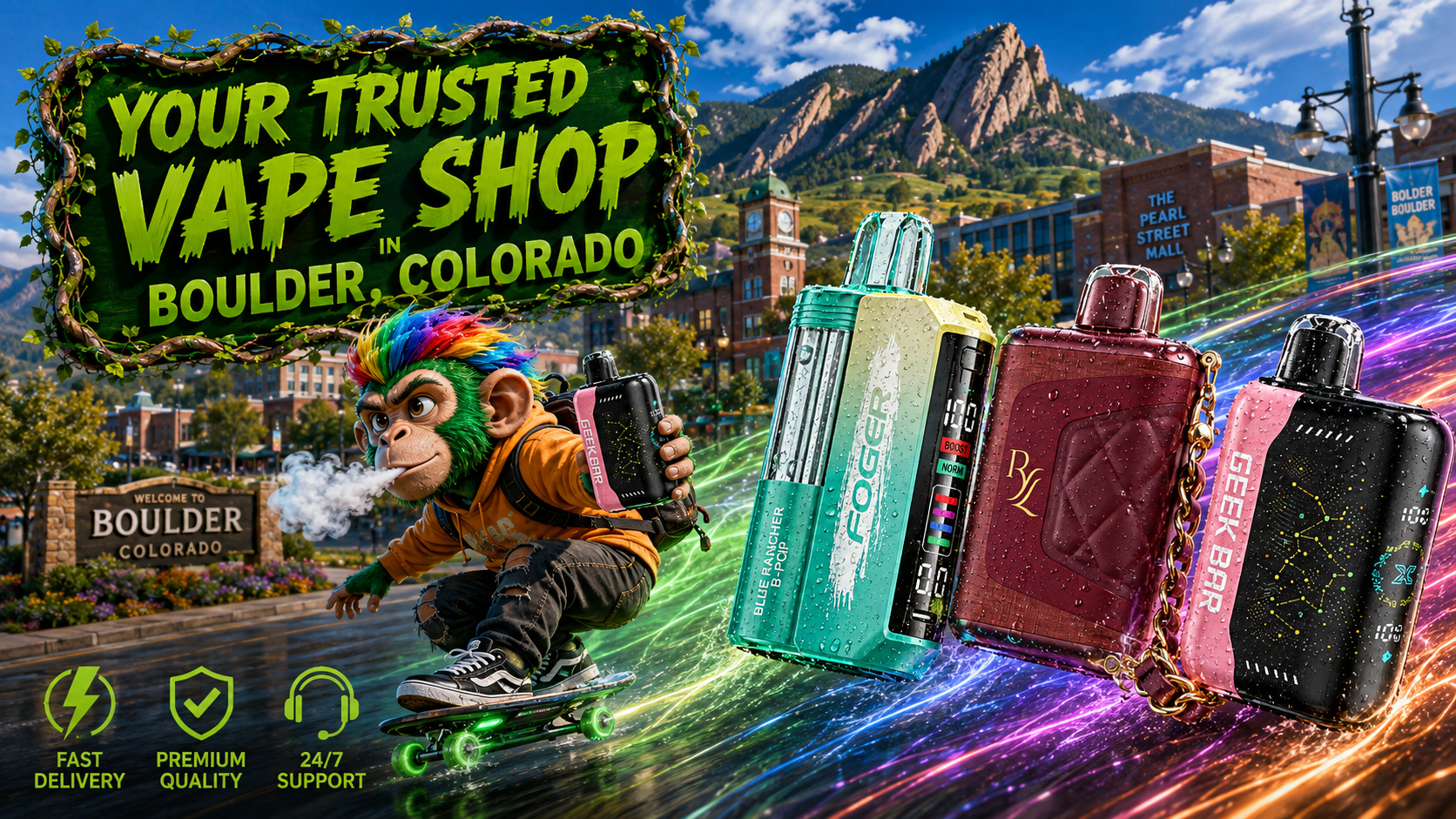 Trusted Vape Shop in Boulder, Colorado with Colorful Devices Colorful vape devices with water droplets, vivid energy trails, a cartoon character, and Boulder mountain scenery.