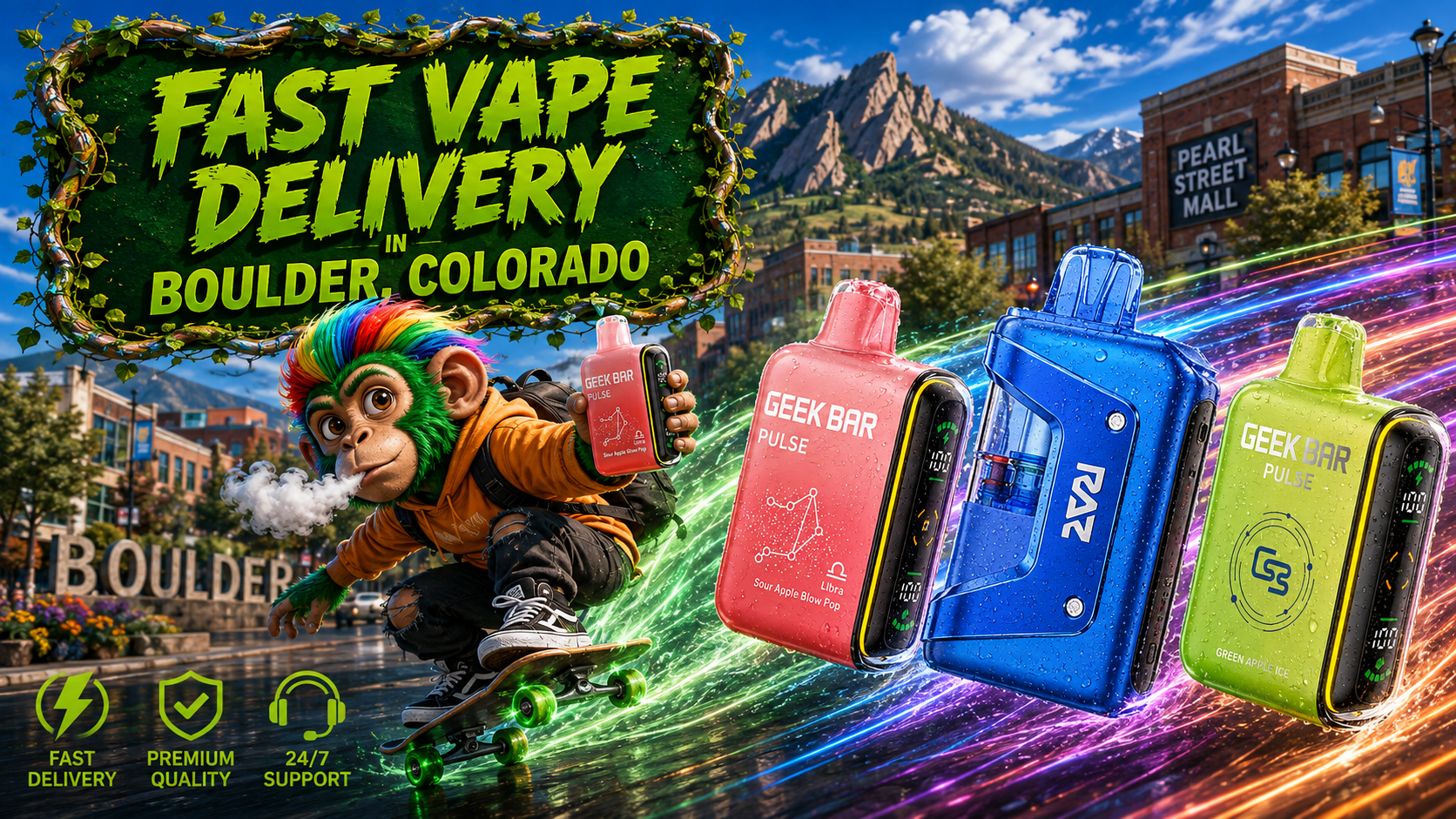 Fast Vape Delivery in Boulder, Colorado with Colorful Devices Colorful vape devices with water droplets, vivid energy trails, a cartoon character, and Boulder mountain scenery.