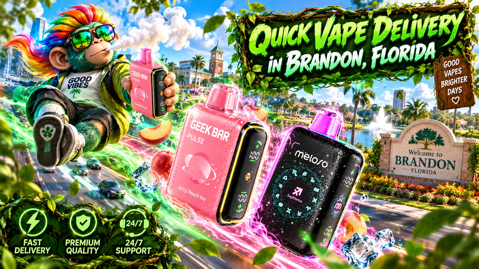 Quick Vape Delivery in Brandon, Florida Colorful vape devices with water droplets, ice and peach accents moving through a bright tropical Brandon city scene.