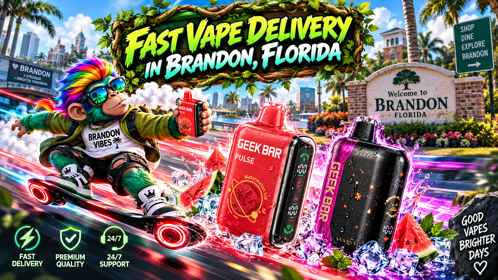 Fast Vape Delivery in Brandon, Florida Colorful vape devices with water splashes, ice and watermelon in a vibrant tropical Brandon city scene.