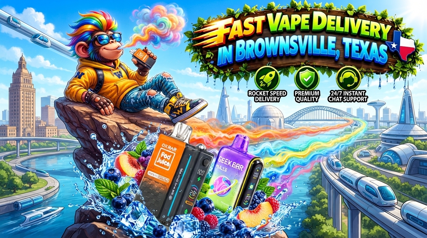 Fast Vape Delivery in Brownsville, Texas City Scene Vape devices with icy water effects and colorful trails soar through a bright Brownsville-inspired city scene.