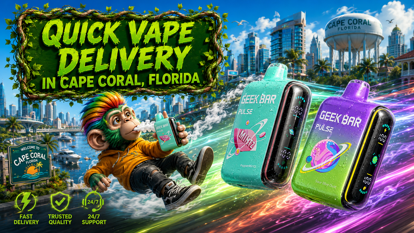 Colorful Vape Devices with Quick Delivery in Cape Coral, Florida Aqua and purple vape devices with water drops, Cape Coral scenery, and “Quick Vape Delivery in Cape Coral, Florida” text.