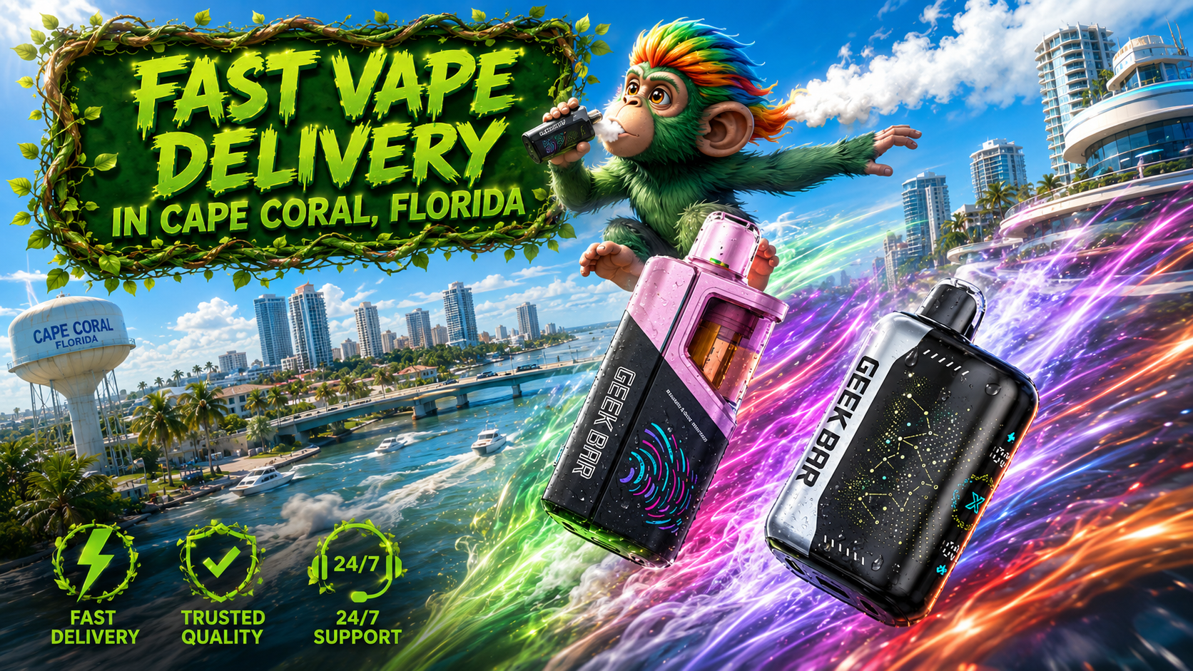 Dynamic Vape Devices and Fast Delivery in Cape Coral, Florida Sleek vape devices race through a colorful Cape Coral scene beside “Fast Vape Delivery in Cape Coral, Florida” text.