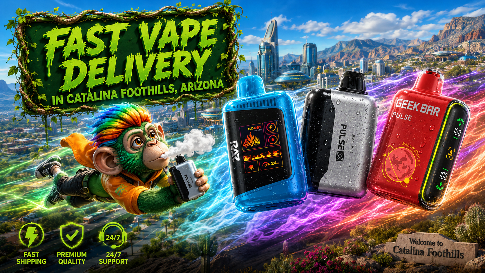 Colorful disposable vape devices with a fast shipping theme in Catalina Foothills, Arizona.