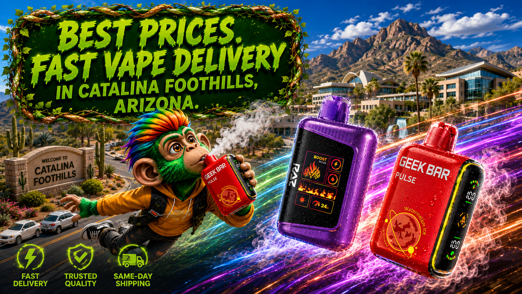 Colorful disposable vape devices with a fast delivery theme and vibrant city backdrop in Catalina Foothills, Arizona.