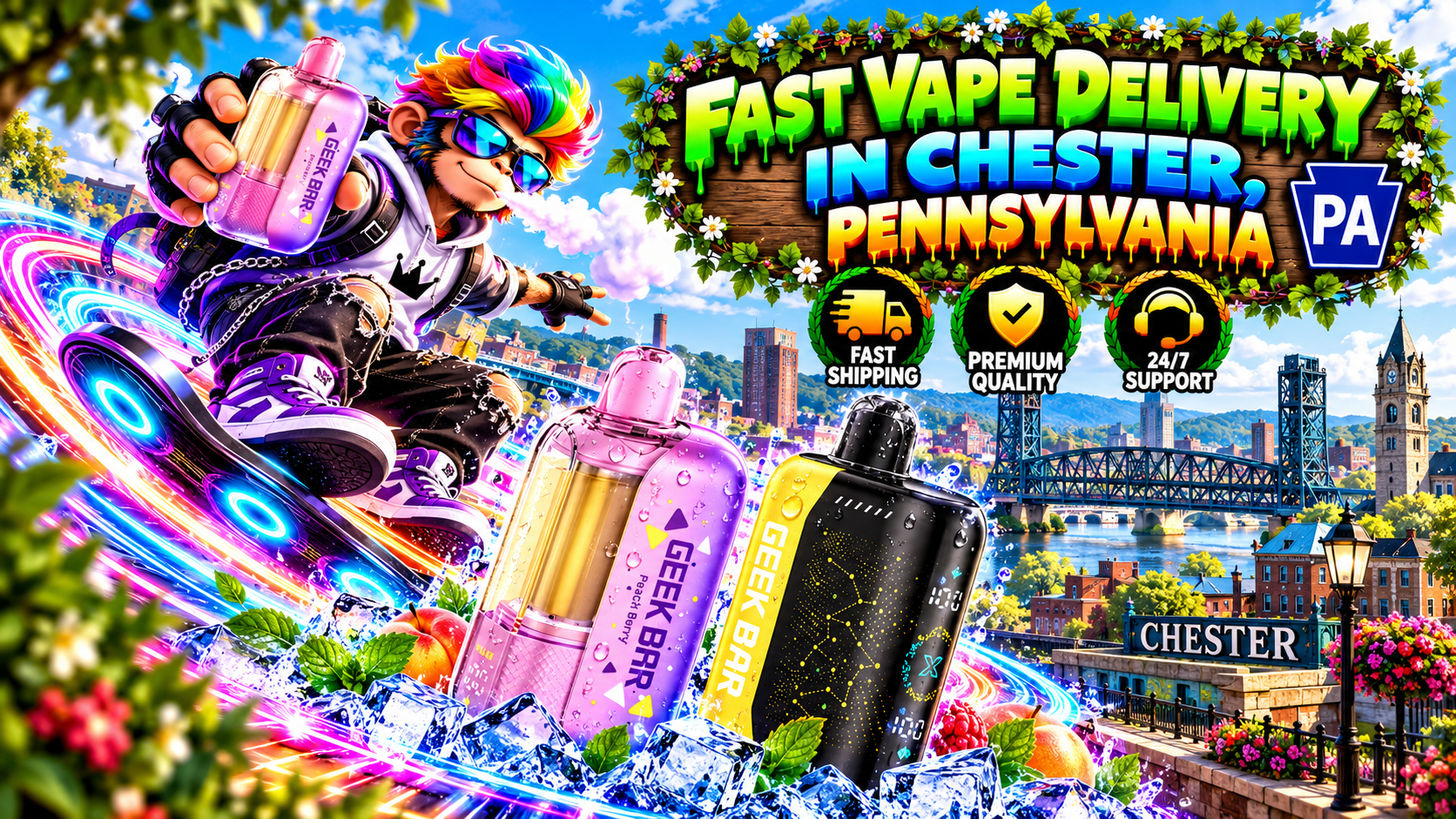 Fast Vape Delivery in Chester, Pennsylvania – Colorful Devices, Neon Trails and City Landmarks Pink and black vape devices with icy splashes, glowing neon trails, and a rainbow-haired character in Chester, PA.
