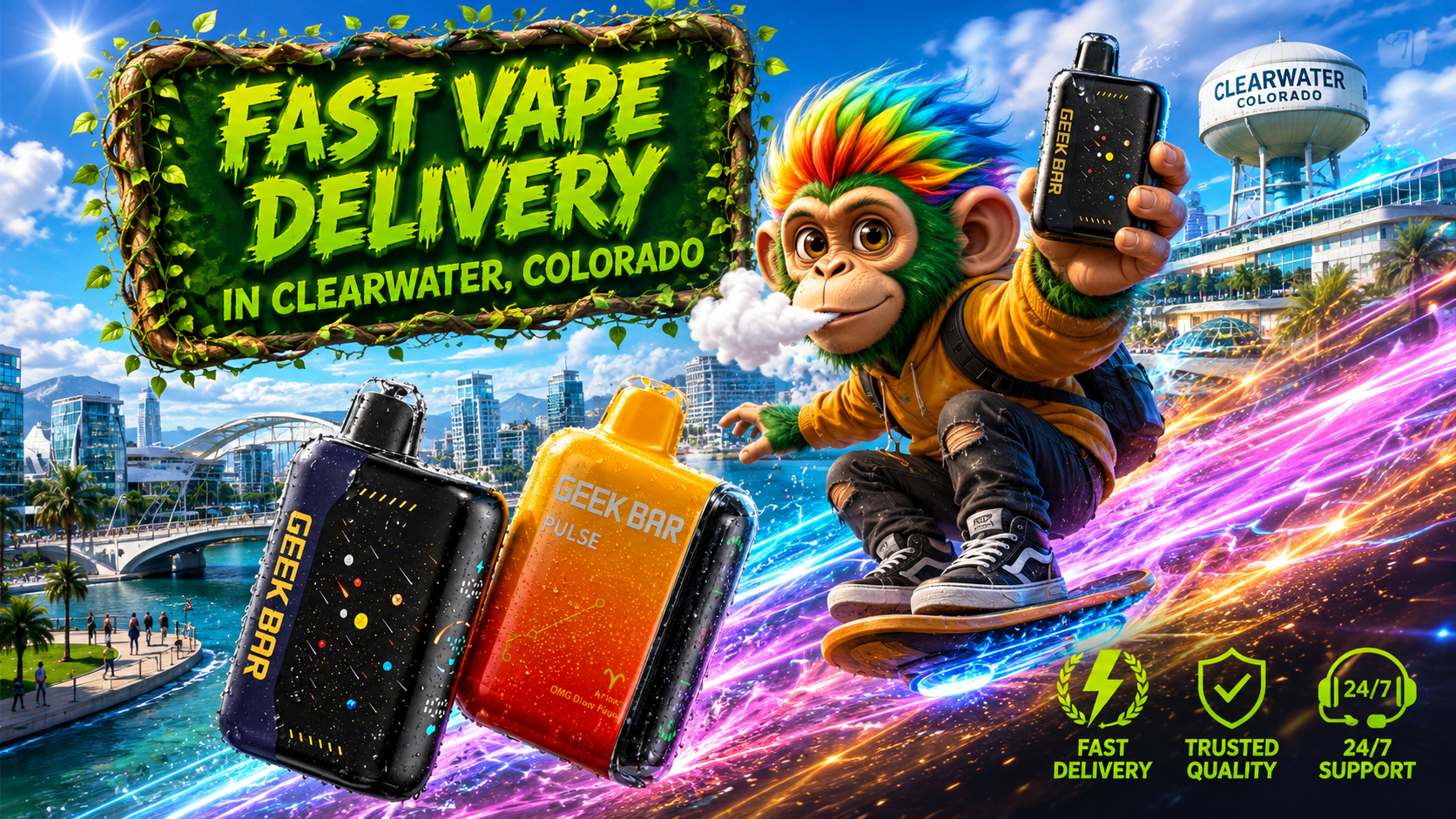 Fast Vape Delivery Scene with Colorful Devices in Clearwater Colorful vape devices and a playful rider race through Clearwater beside a bold “Fast Vape Delivery” sign.