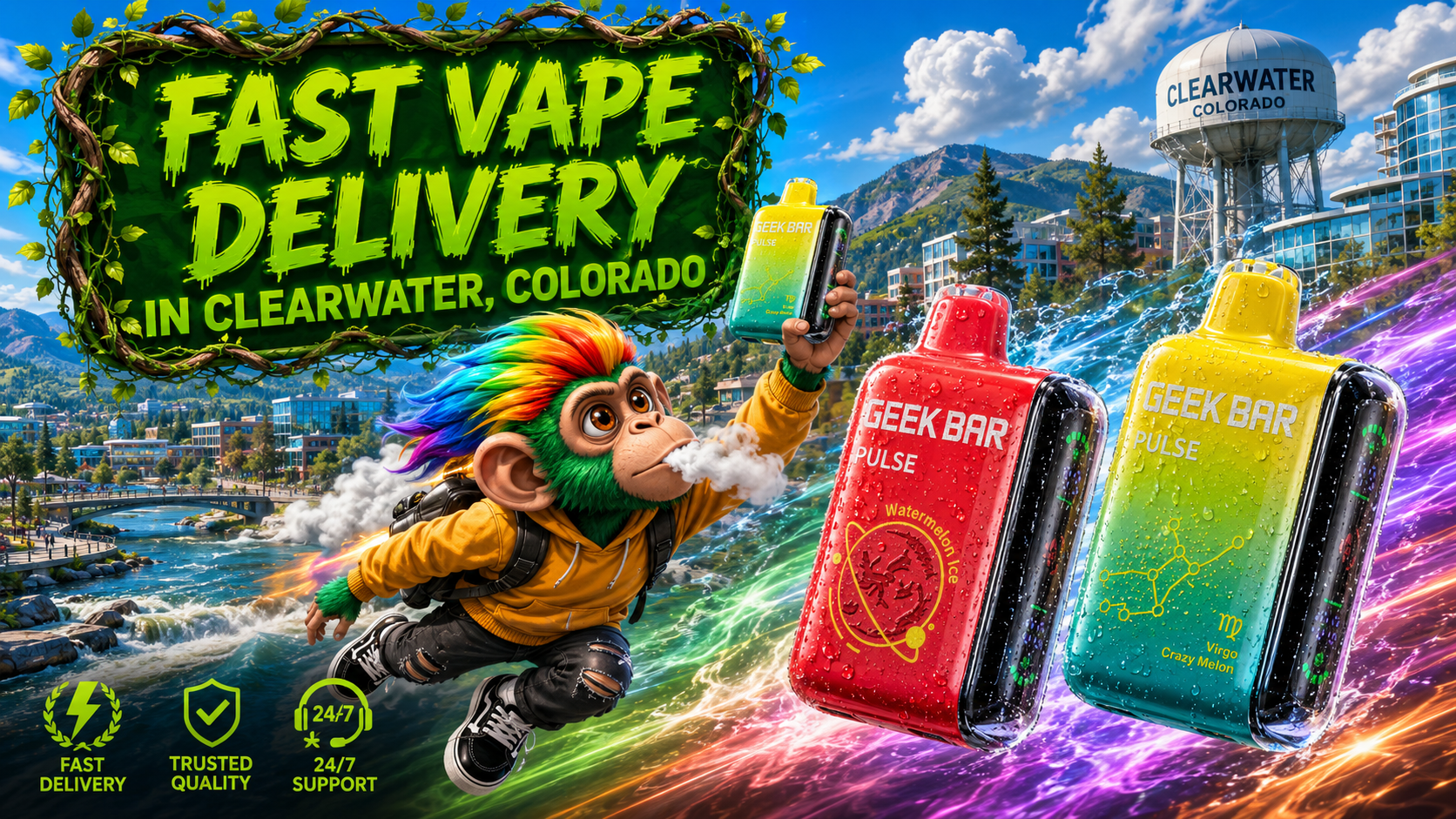 Colorful Vape Devices with Fast Delivery in Clearwater, Colorado Bright vape devices surge through a colorful Clearwater scene with “Fast Vape Delivery in Clearwater, Colorado” text.