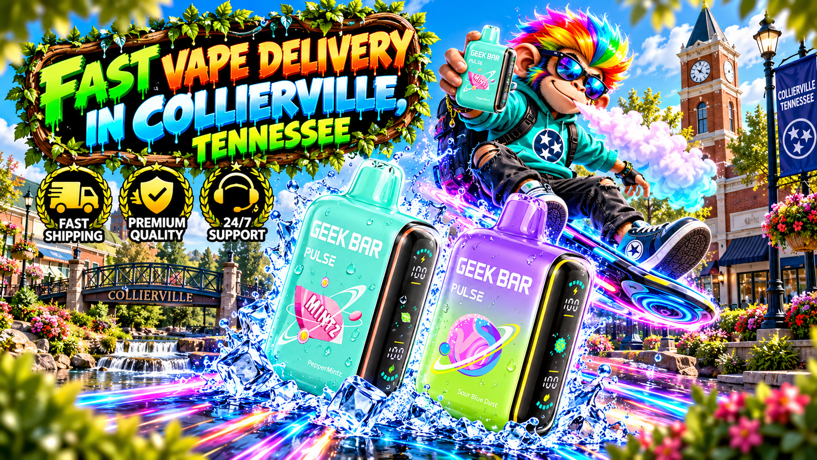 Lively Collierville delivery scene with colorful devices, water splashes, glowing trails, and charming town scenery.