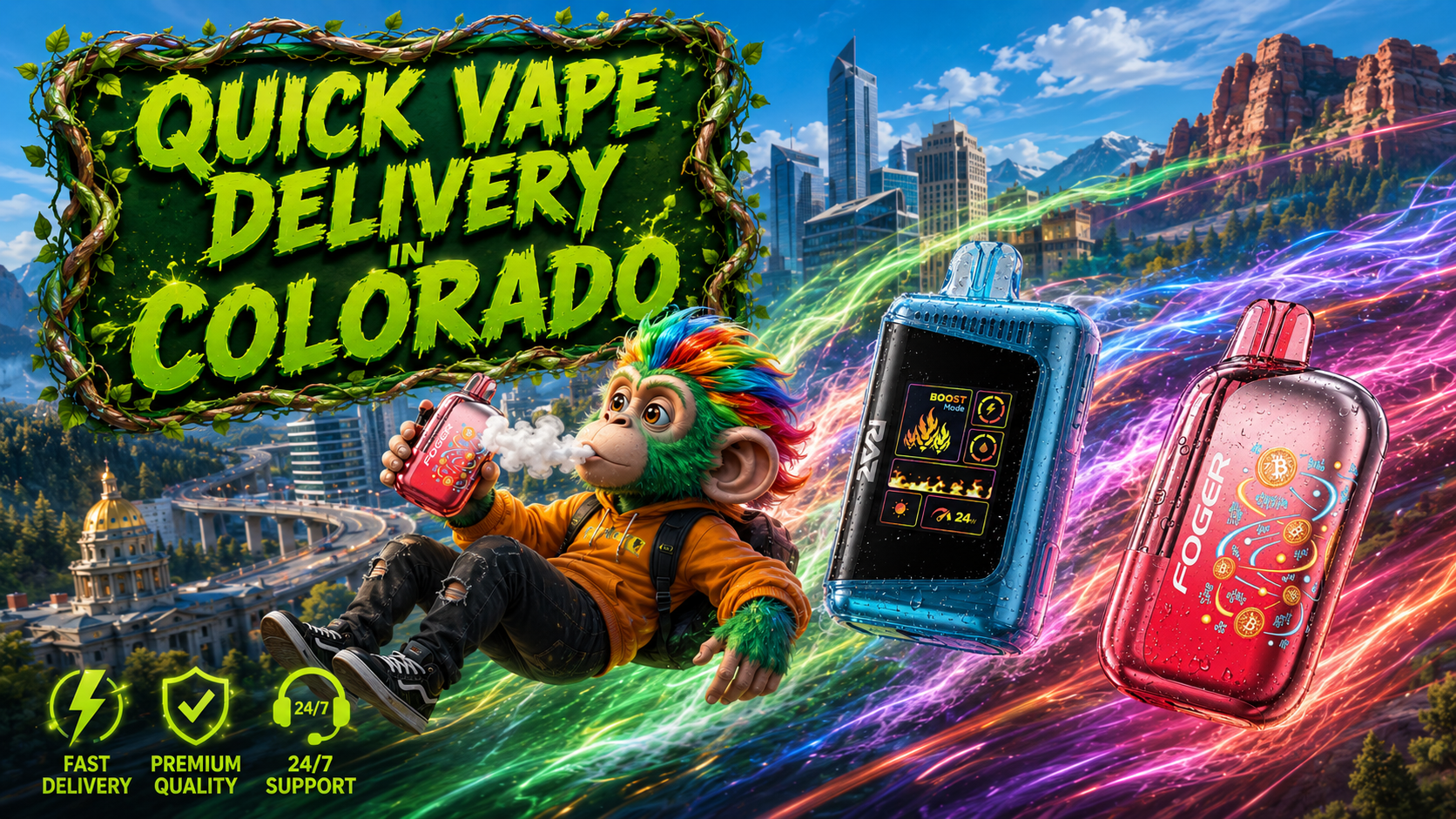 Quick Vape Delivery in Colorado with Colorful Vape Devices Colorful vape devices with water droplets, a cartoon character, city scenery, and vibrant energy trails.