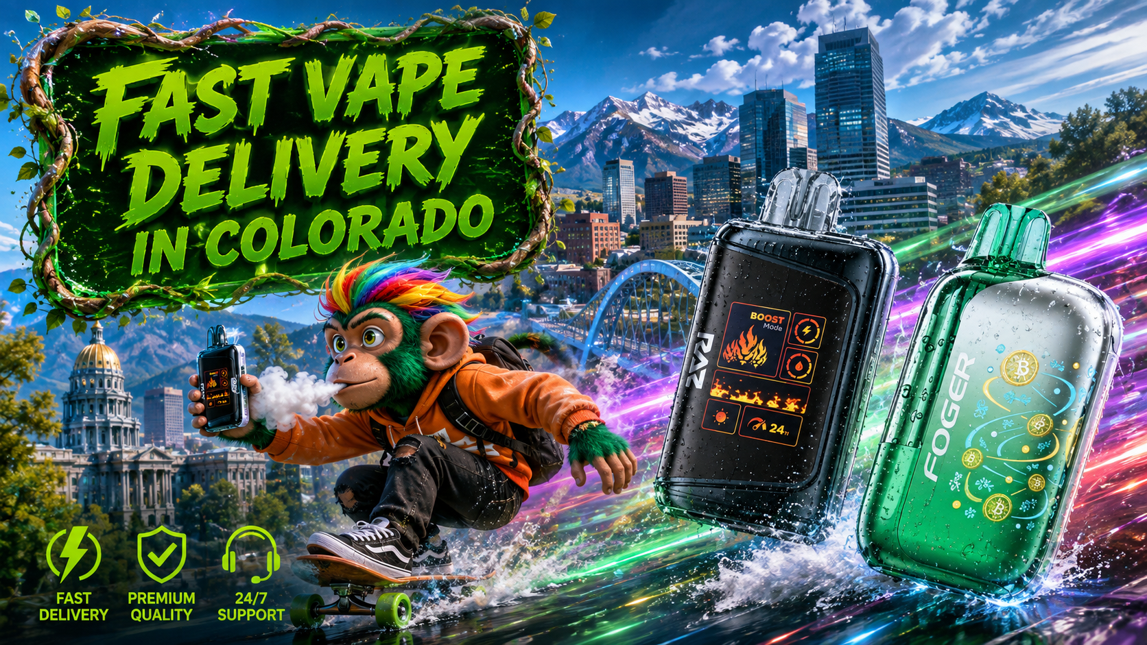 Fast Vape Delivery in Colorado with Water-Covered Devices Water-covered vape devices with a colorful character, mountain city skyline, and bright energy trails.