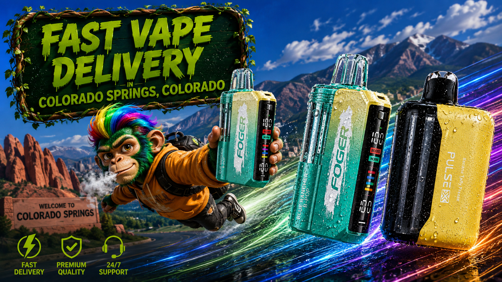 Colorful Vape Devices in a Scenic Colorado Springs Mountain Setting Teal and yellow vape devices covered in water drops with luminous trails across a Colorado Springs mountain scene.