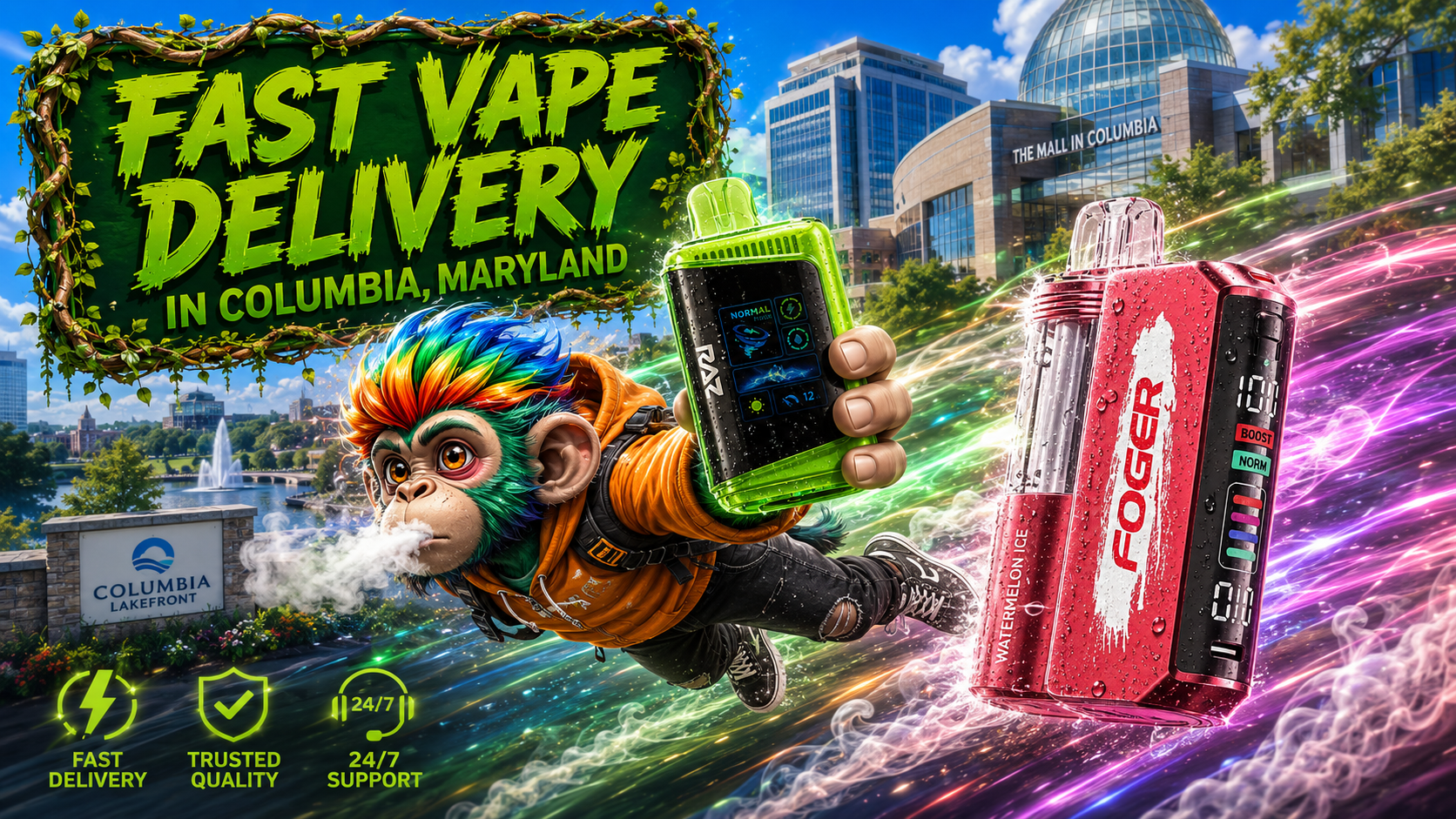 A colorful promotional banner showcasing fast vape delivery in Columbia, Maryland, with two premium disposable vape devices featuring realistic water droplets and vibrant energy trails. A dynamic flying mascot holds a vape while iconic Columbia landmarks, including the Columbia Lakefront and The Mall in Columbia, create a recognizable city backdrop. Bold green typography and service icons highlight fast shipping, trusted quality, and 24/7 support for an online vape shop serving customers across Columbia, MD.