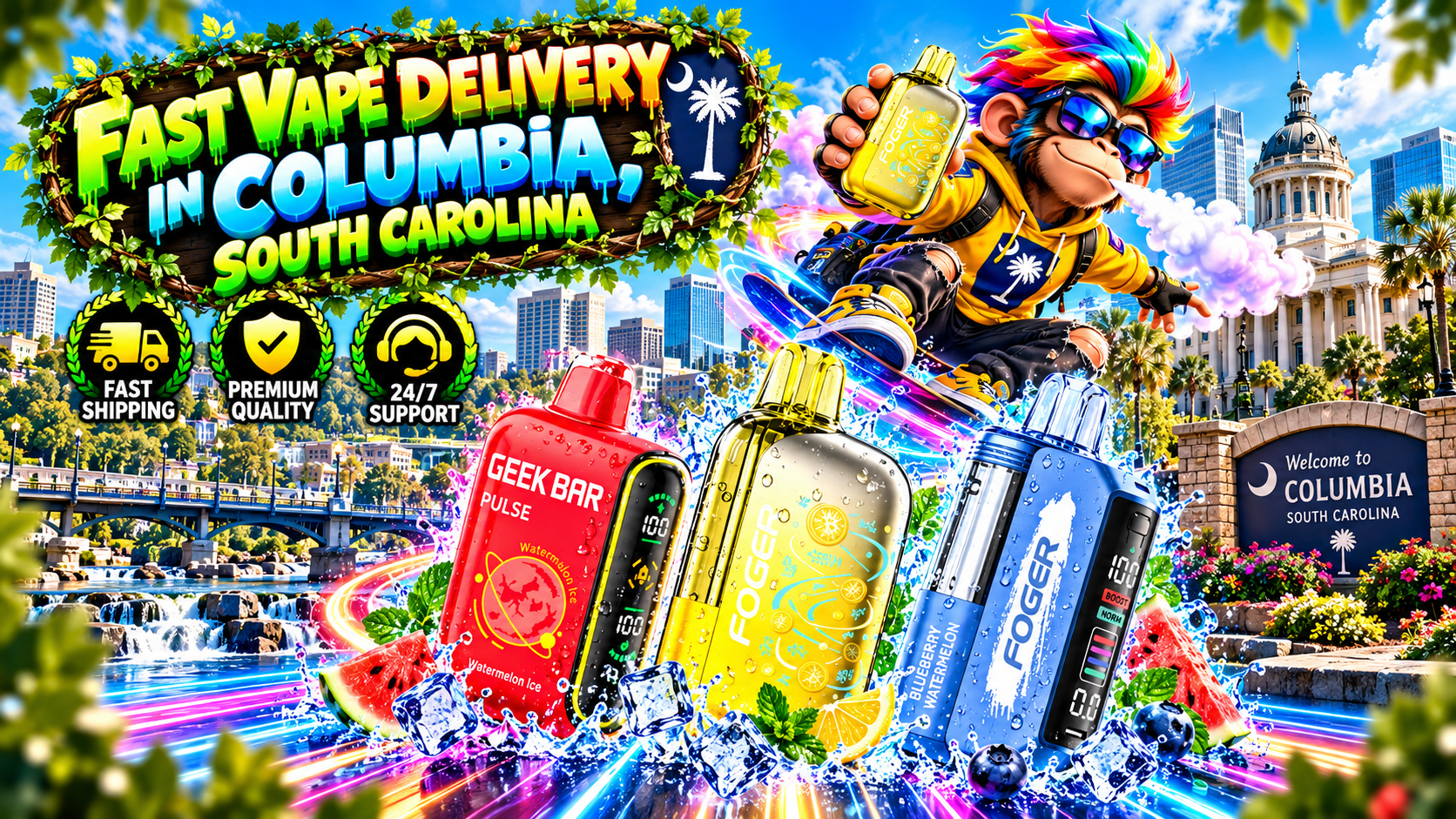 Colorful vape devices with water droplets, speed effects, service icons, and a bright Columbia city backdrop.