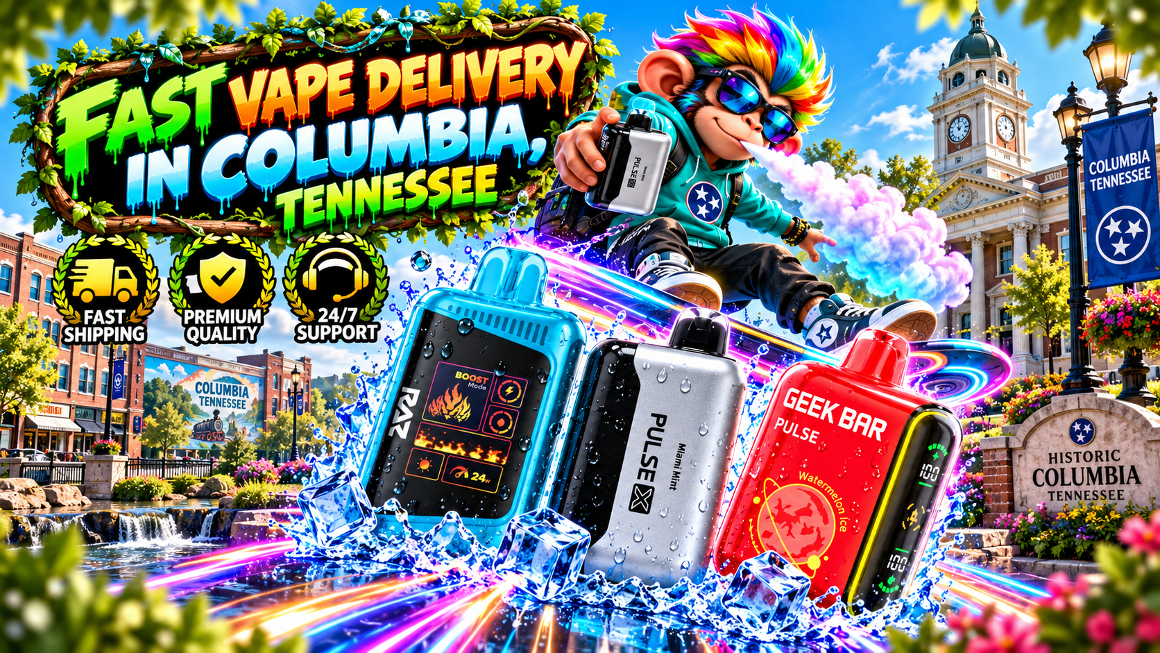 Fast Vape Delivery in Columbia with Modern Devices and Vibrant City Views Dynamic Columbia delivery scene with modern devices, water splashes, neon trails, and historic Tennessee scenery.