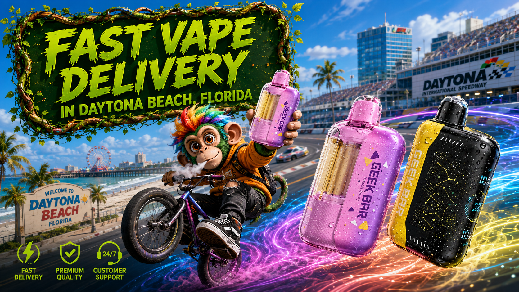 Daytona Beach vape delivery scene with colorful devices, a biking mascot, speedway views, and fast service icons.