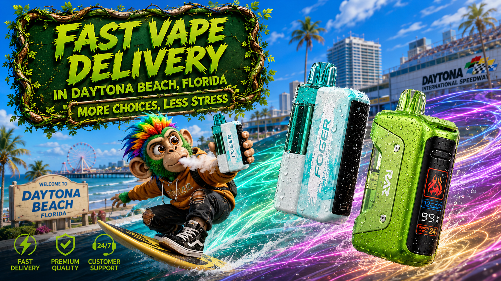 Fast vape delivery in Daytona Beach with Foger devices, a surfing mascot, water effects, and vibrant coastal scenery.