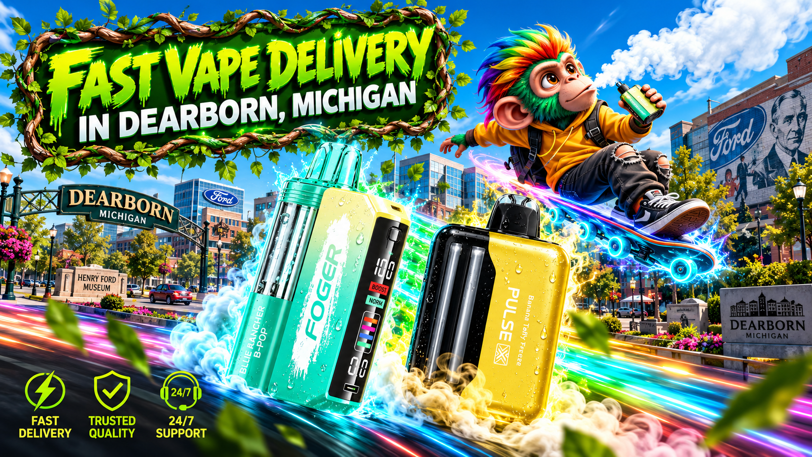Express Device Delivery Scene in Dearborn, Michigan Aqua and yellow devices race through a sunny Dearborn scene with water splashes, bright trails, and local landmarks.
