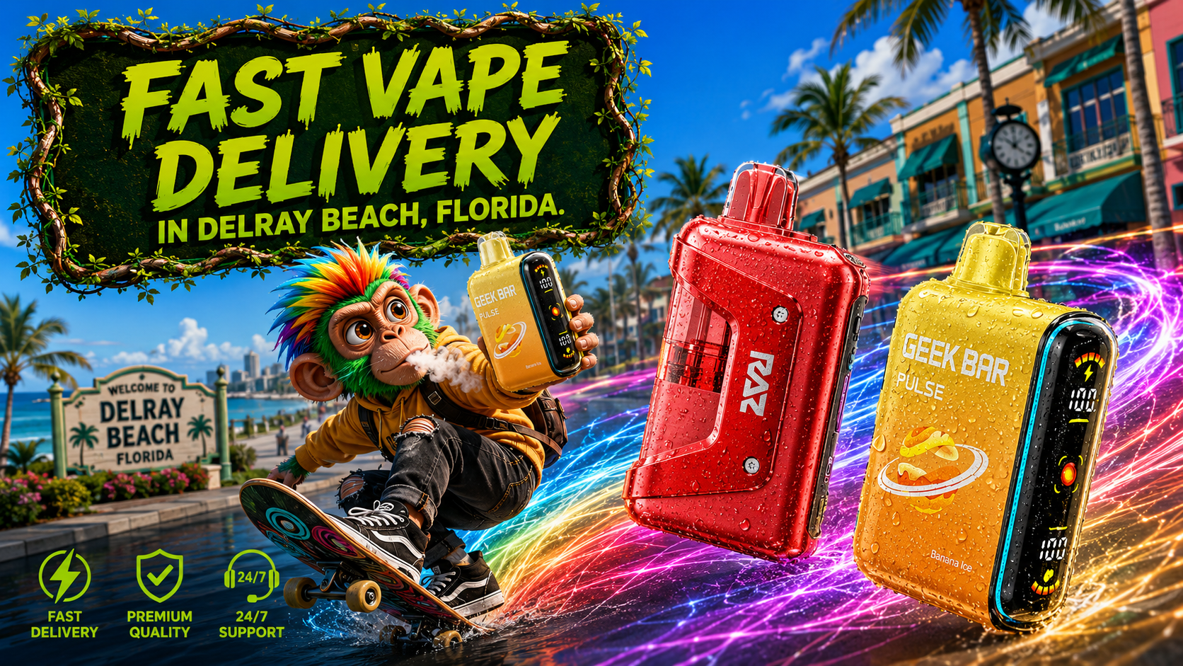 Delray Beach Fast Vape Delivery | Geek Bar & RAZ Devices Geek Bar and RAZ devices with bright energy trails promote fast vape delivery through vibrant Delray Beach.