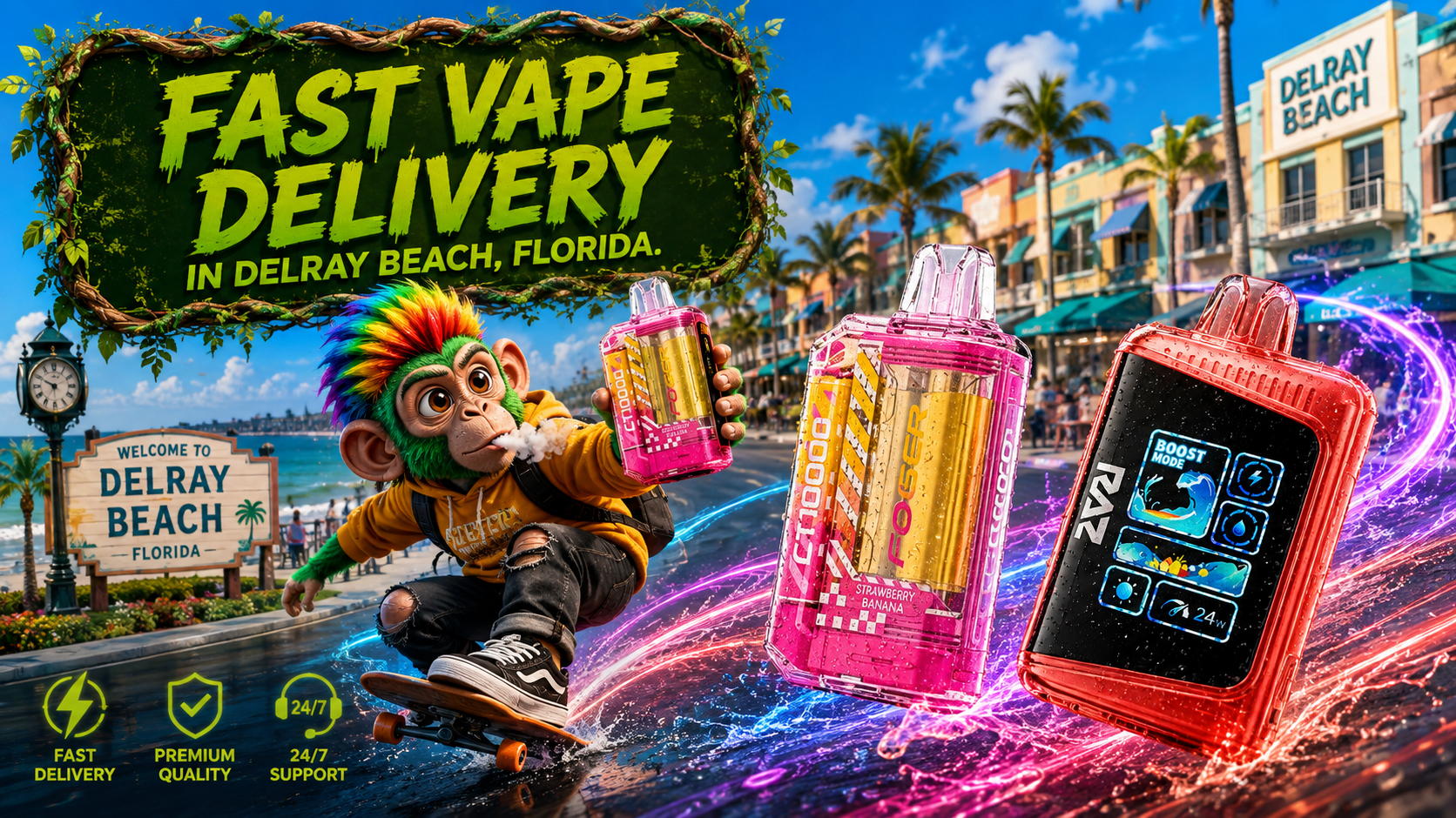 Fast Vape Delivery in Delray Beach, Florida | RAZ & Foger Devices RAZ and Foger devices with vivid water trails showcase fast vape delivery in the lively streets of Delray Beach.