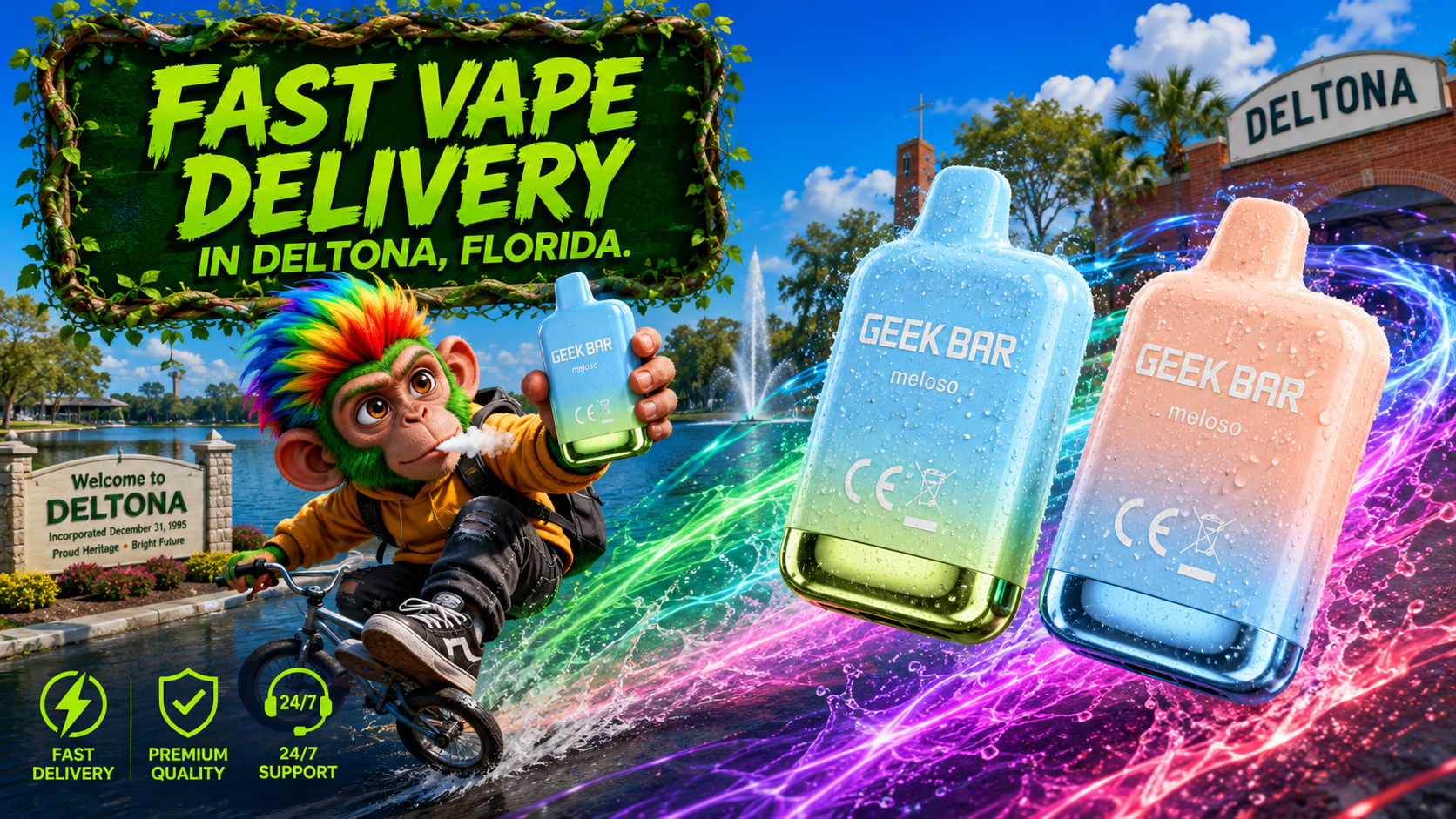 Fast Vape Delivery in Deltona, Florida | Geek Bar Meloso Geek Bar Meloso devices with water effects highlight fast vape delivery in a bright Deltona, Florida city scene.