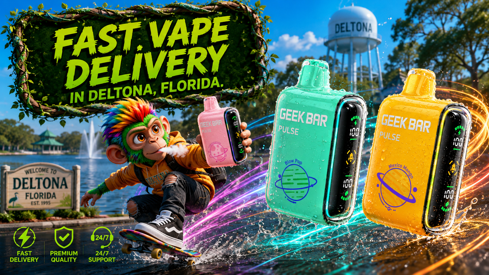 Deltona Vape Delivery | Geek Bar Pulse & Fast Service Geek Bar Pulse devices with colorful water trails showcase fast vape delivery in a sunny Deltona, Florida setting.