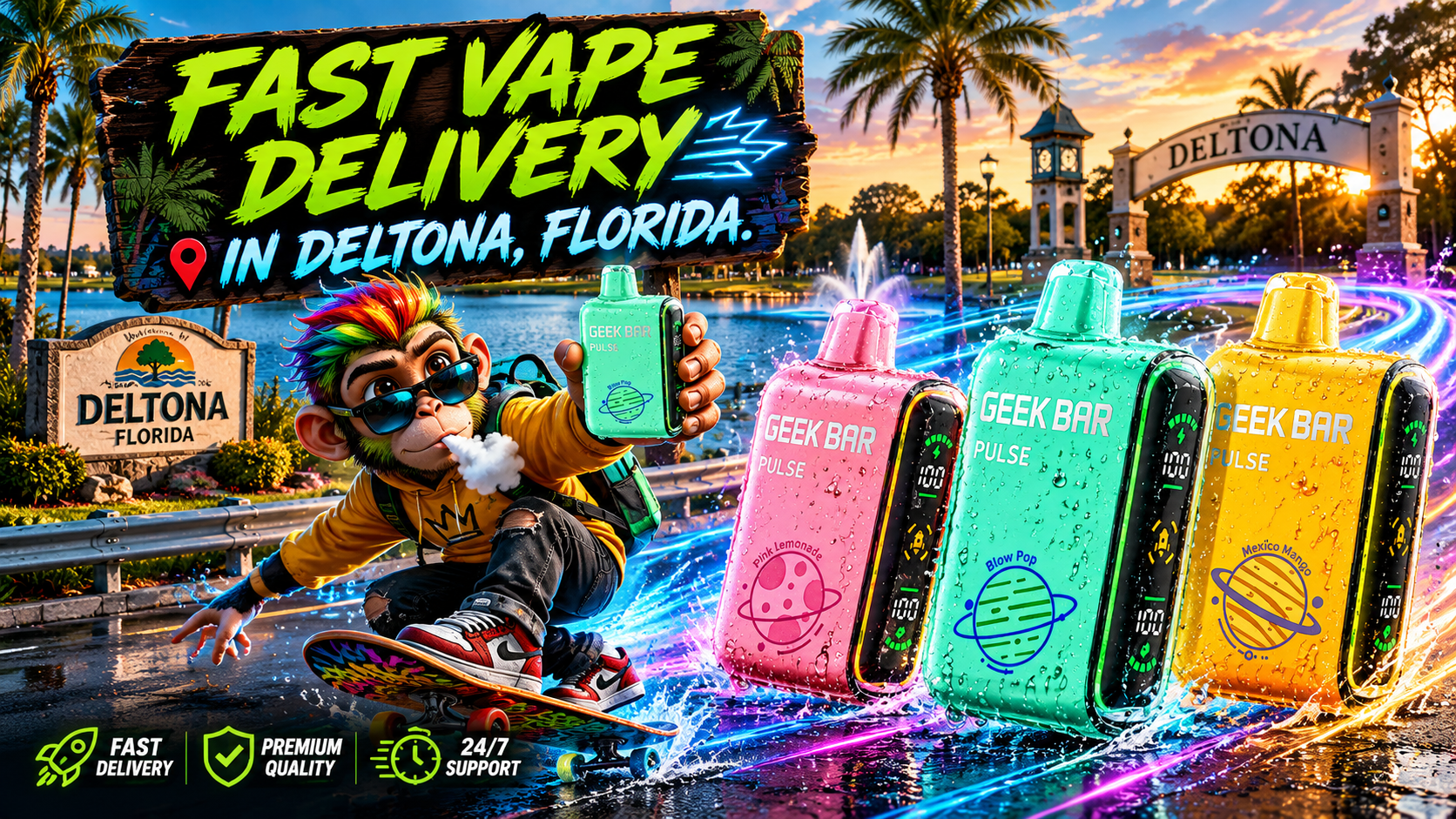 Fast Vape Delivery in Deltona, Florida | Geek Bar Pulse Selection Geek Bar Pulse devices with vivid water trails feature fast vape delivery against a scenic Deltona, Florida backdrop.