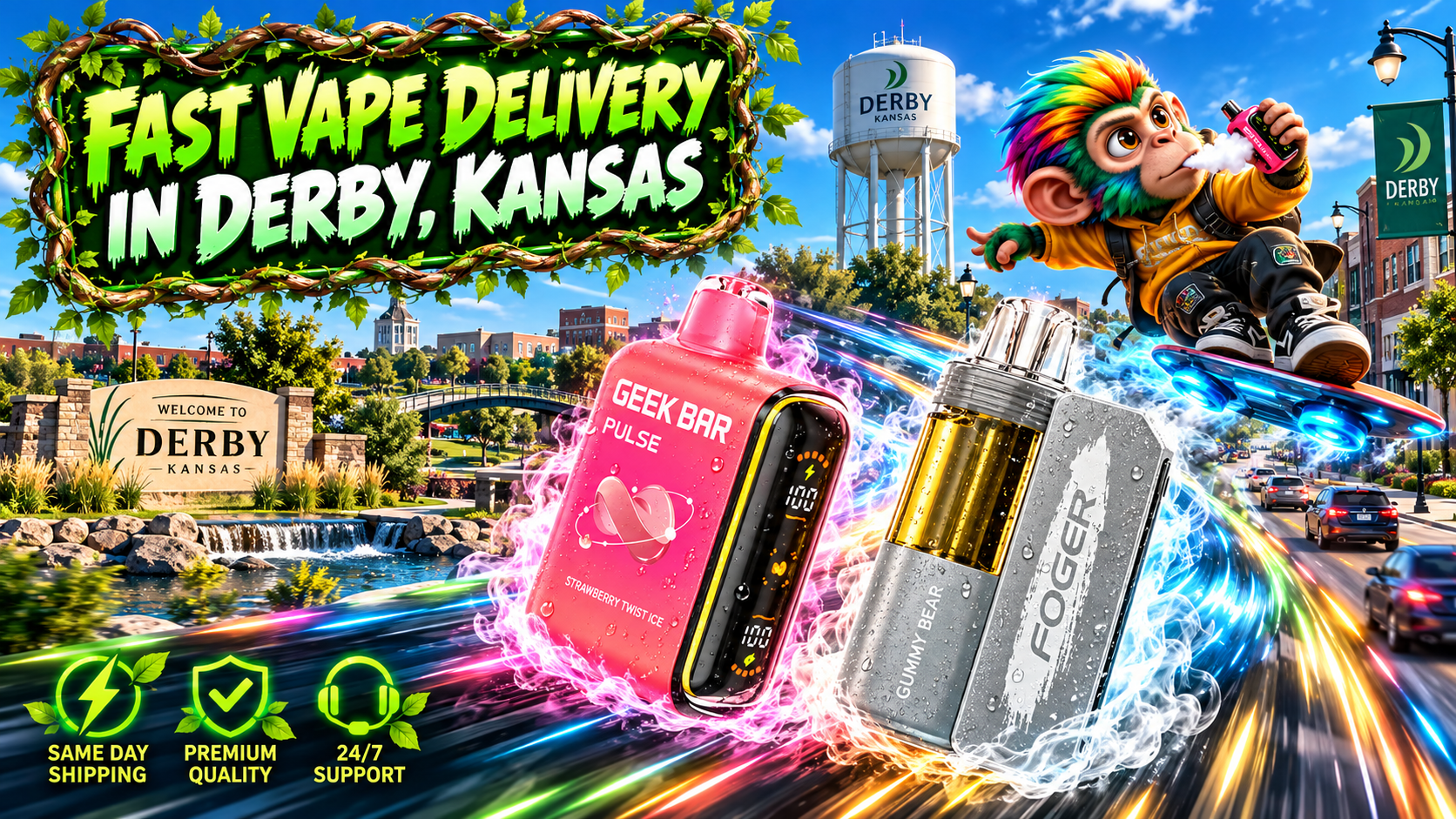 Dynamic Device Showcase Across Derby, Kansas Colorful devices surge through glowing motion trails across a sunny Derby, Kansas city scene.