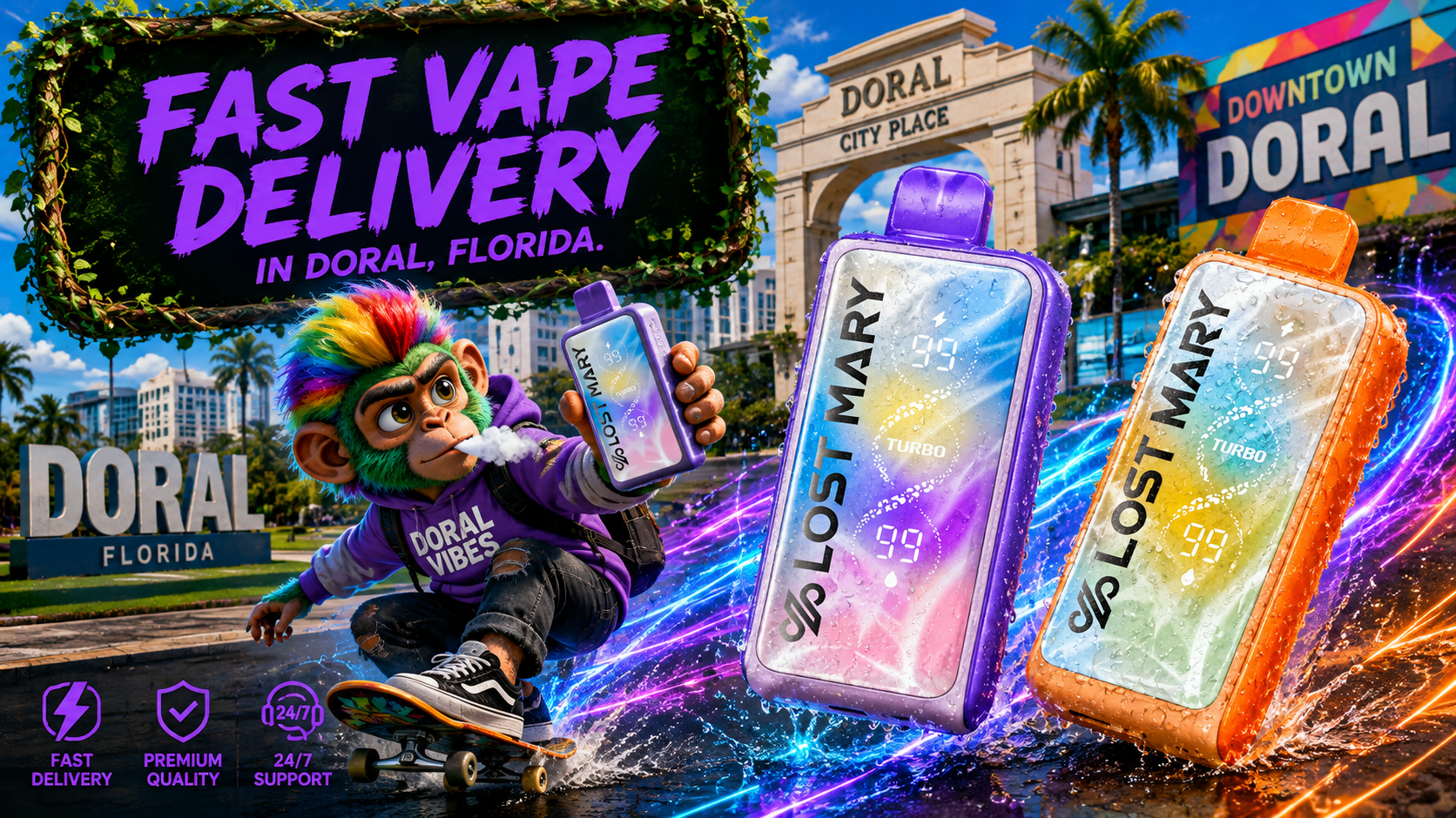 Lost Mary devices with neon water trails showcase fast vape delivery amid colorful landmarks in Doral, Florida.