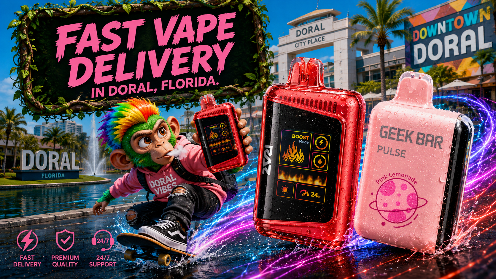 RAZ and Geek Bar Pulse devices with neon water effects highlight fast vape delivery in sunny Doral, Florida.