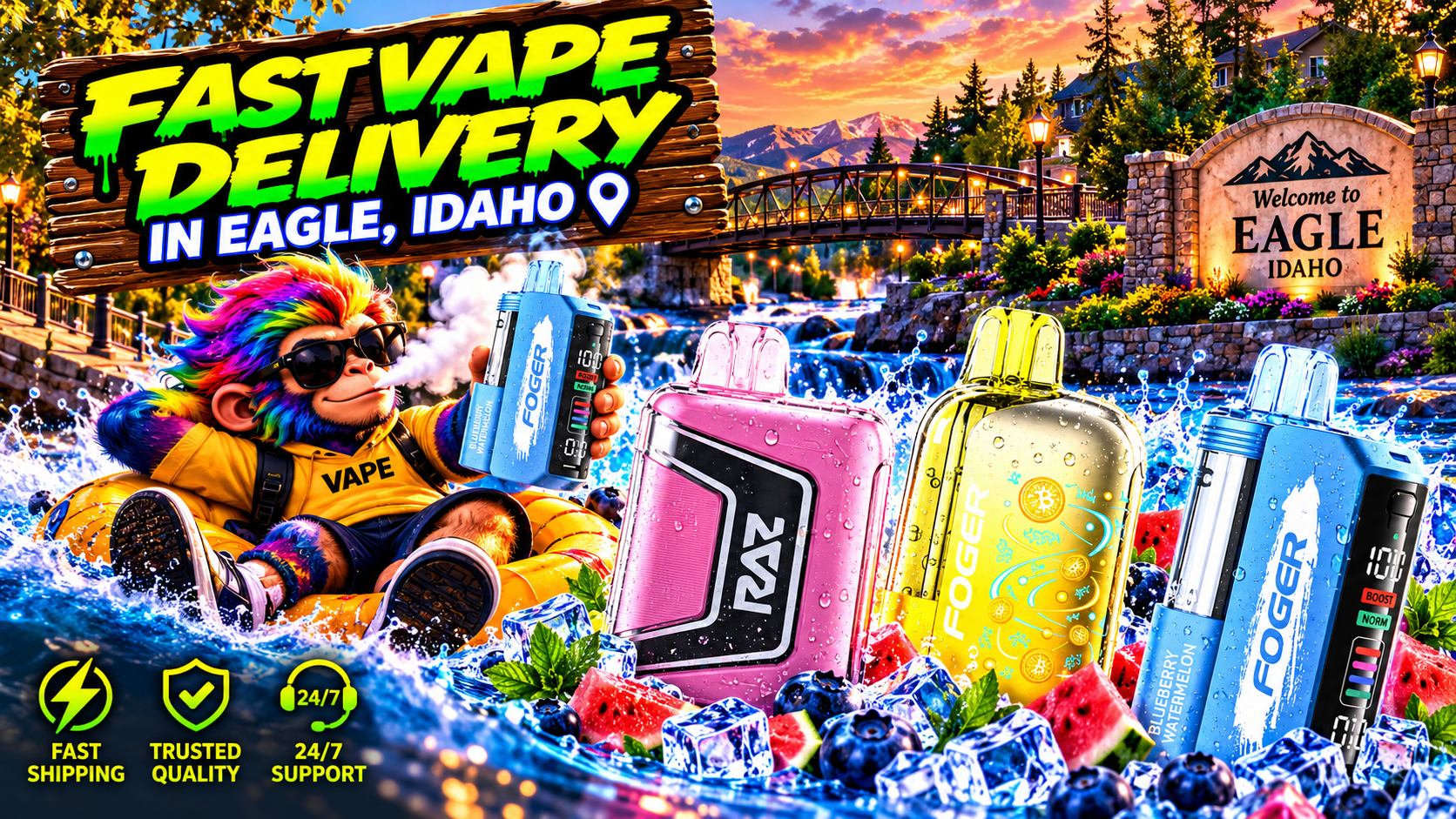 Colorful Device Showcase by Eagle’s Scenic Waterfalls Bright devices with water droplets and icy splashes set against a vivid Eagle, Idaho sunset landscape.