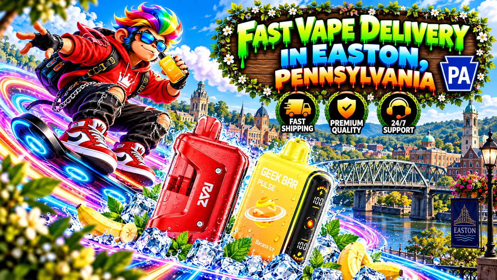 Red and yellow vape devices with icy splashes, vibrant neon trails, and a rainbow-haired character in Easton, Pennsylvania.