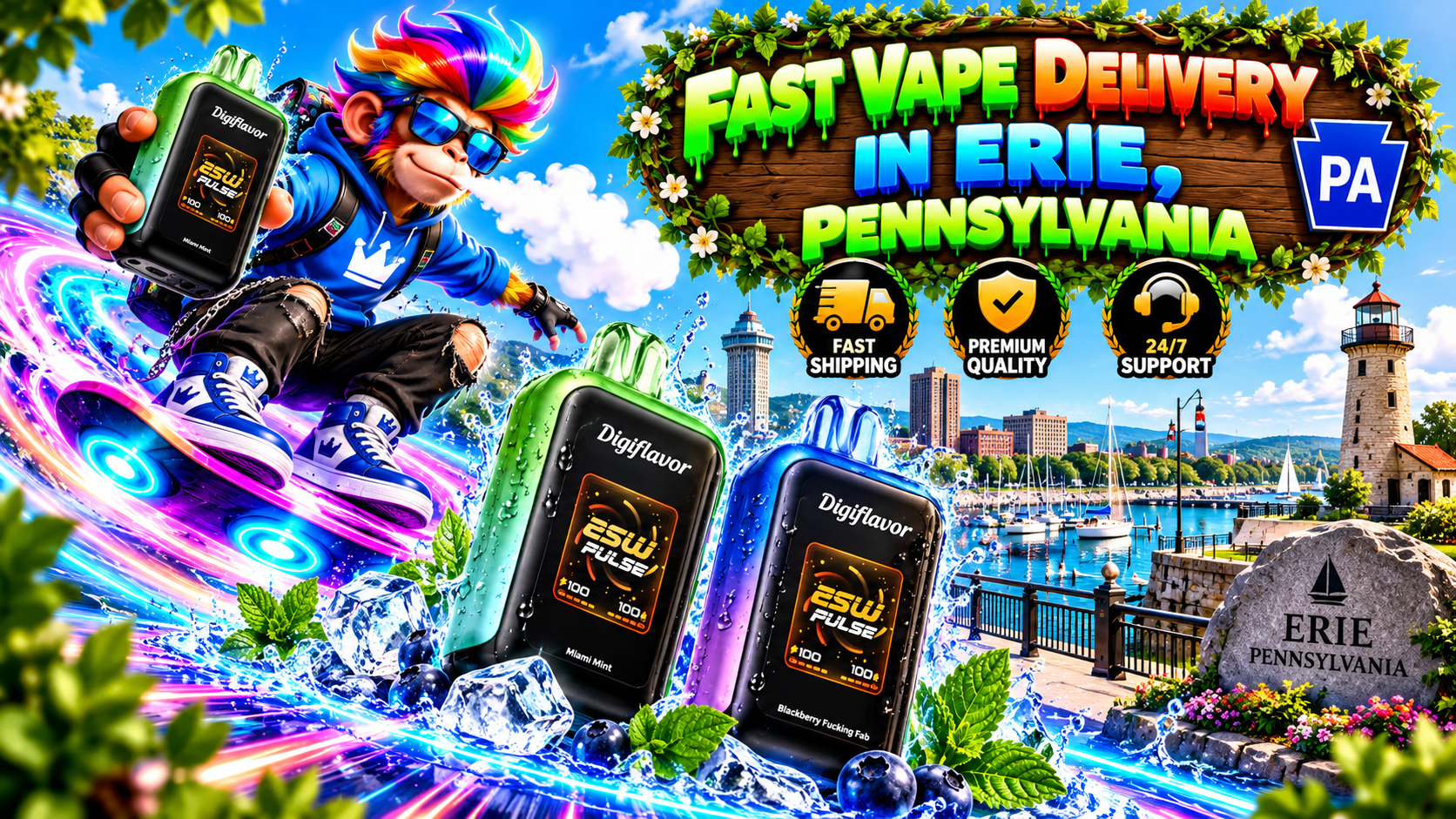Green and blue vape devices with water droplets, ice cubes, and glowing neon trails along Erie's scenic waterfront.