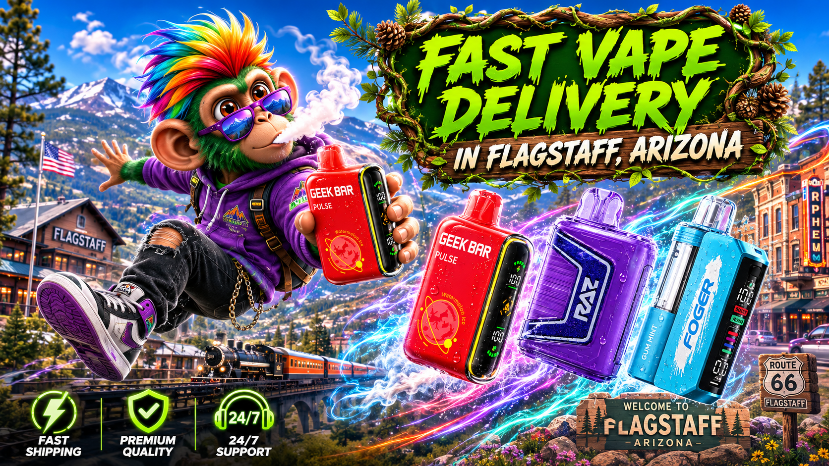 Fast Disposable Vape Delivery in Flagstaff, Arizona Colorful disposable vape devices with a fast delivery theme against the scenic mountain landscape of Flagstaff, Arizona.