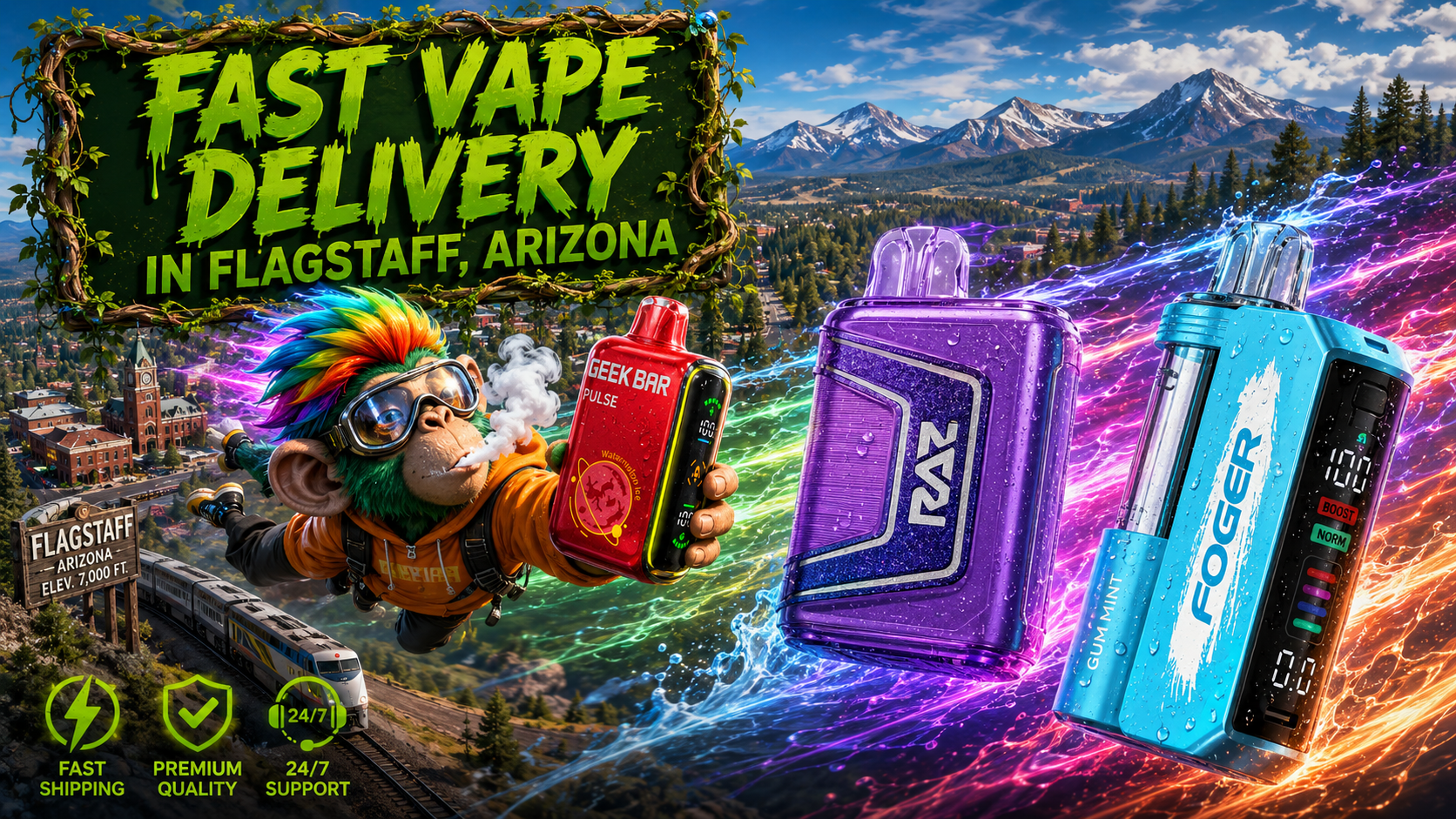 Fast Disposable Vape Delivery in Flagstaff, Arizona Disposable vape devices with a fast delivery theme against the mountain scenery of Flagstaff, Arizona.