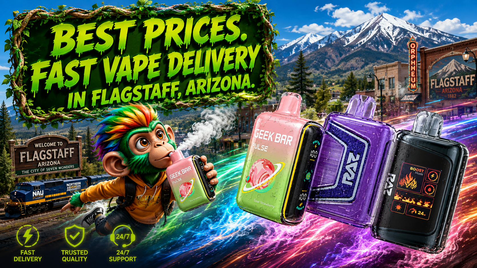 Best Prices on Disposable Vapes in Flagstaff, Arizona Colorful disposable vape devices with a fast delivery theme and scenic mountain views in Flagstaff, Arizona.