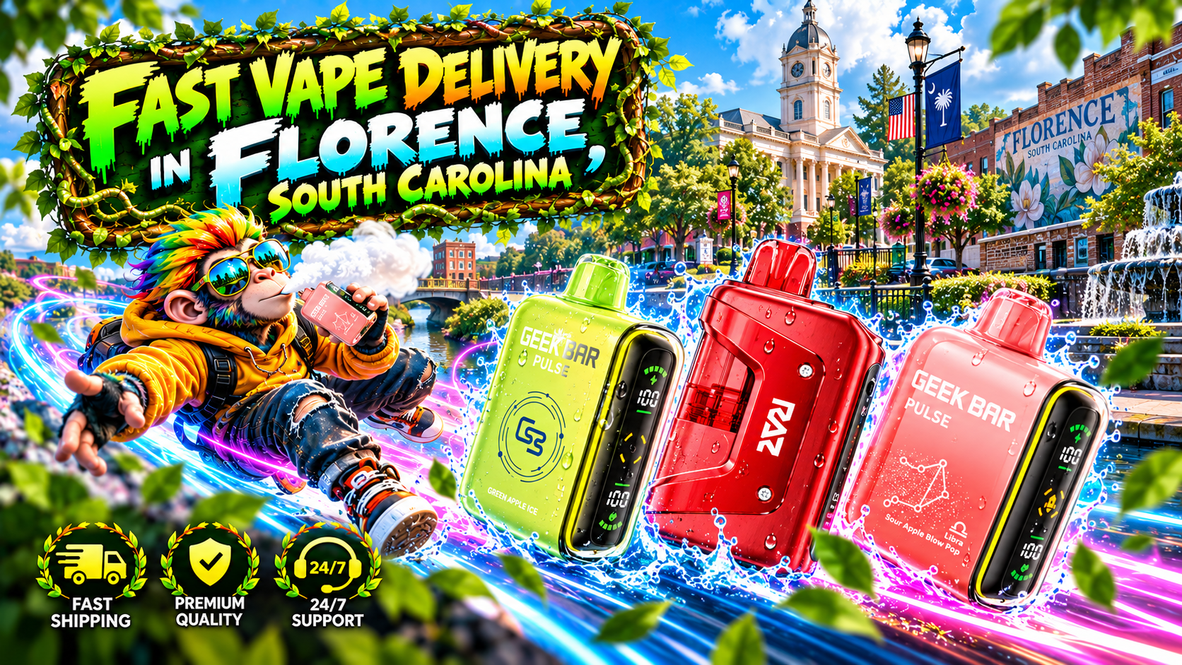 Fast Vape Delivery in Florence, South Carolina With Vibrant Devices Colorful vape devices with water droplets, neon trails, and a bright downtown Florence, South Carolina backdrop.