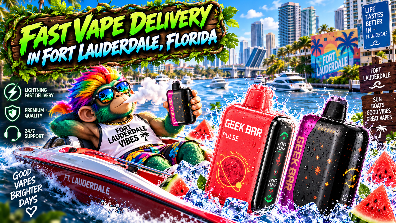 Colorful vape devices with water splashes, ice and watermelon beside a sunny Fort Lauderdale waterfront.