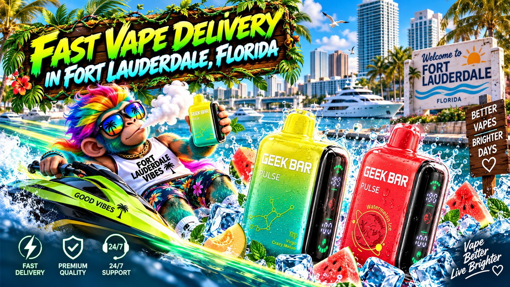 Colorful vape devices with water splashes, ice and fruit against a sunny Fort Lauderdale waterfront.