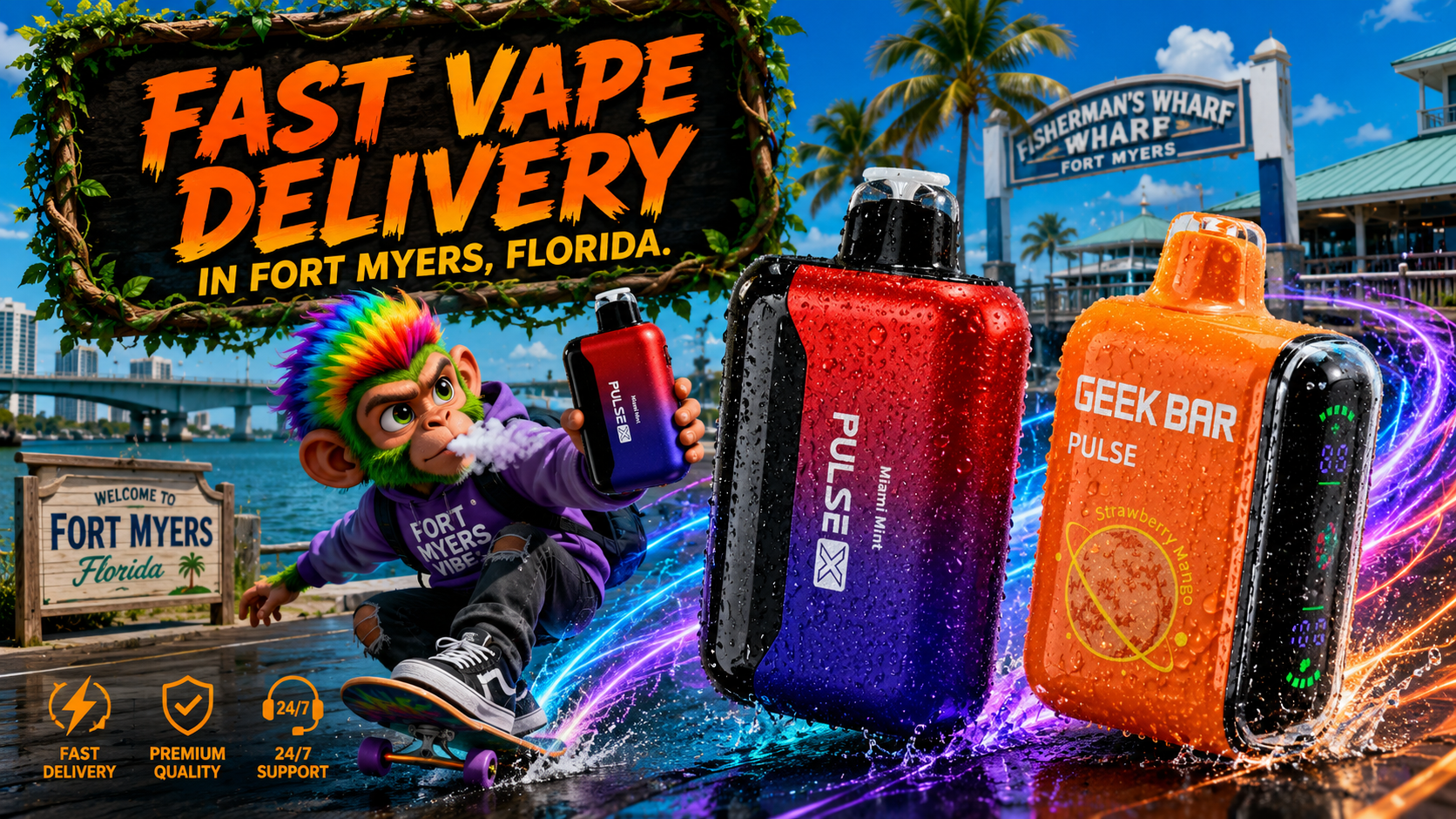 Pulse X and Geek Bar devices with colorful water trails promote fast vape delivery along the Fort Myers waterfront.