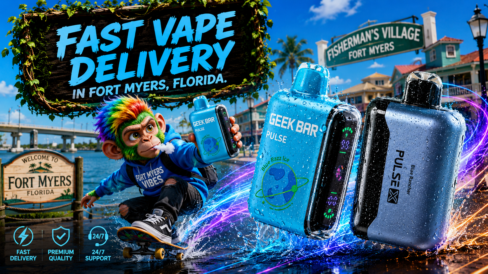 Colorful disposable vapes with water effects showcase fast vape delivery near the sunny Fort Myers waterfront.