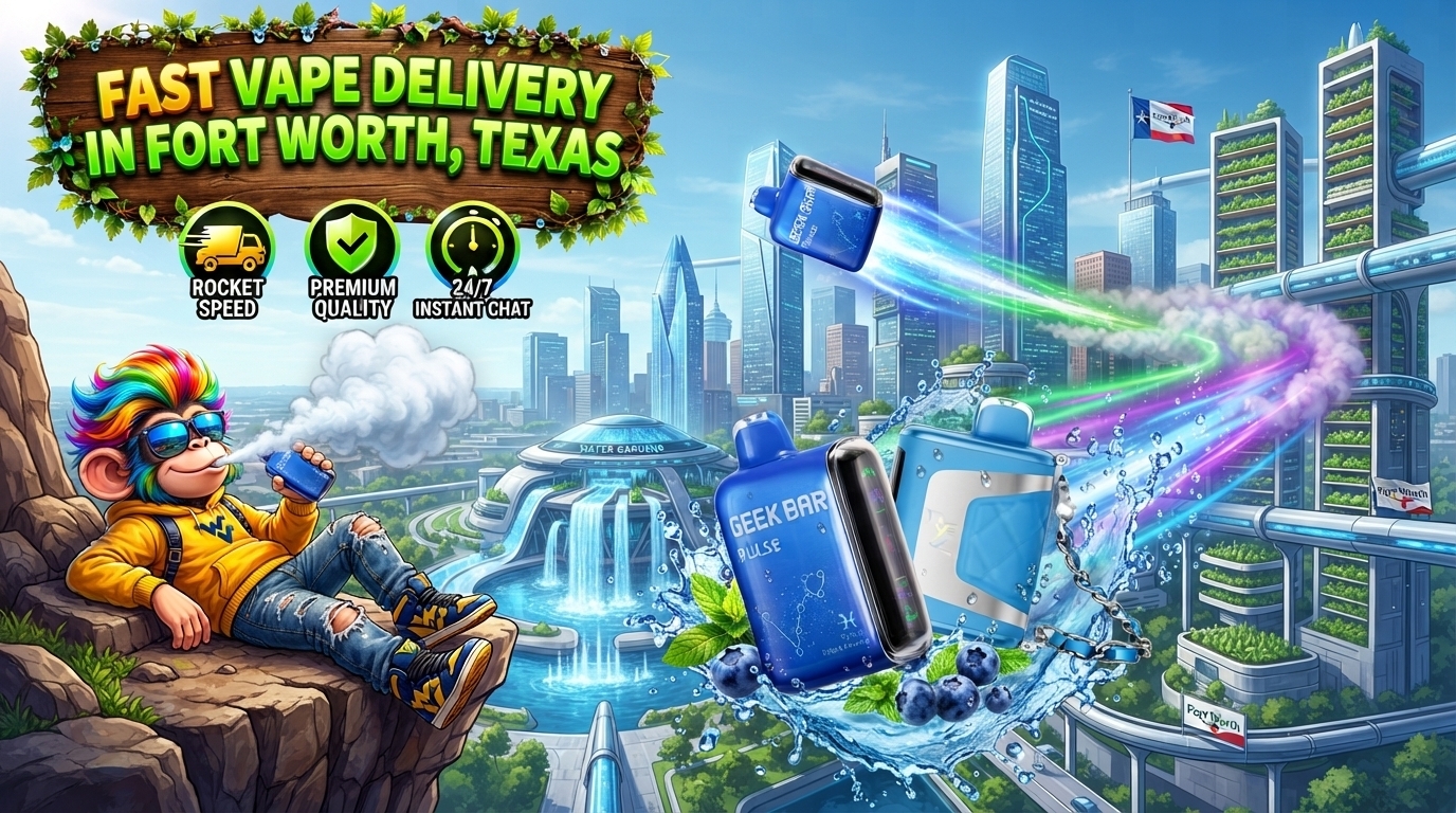 Sleek vape devices with water splashes and vivid light trails flying across a futuristic Fort Worth cityscape.