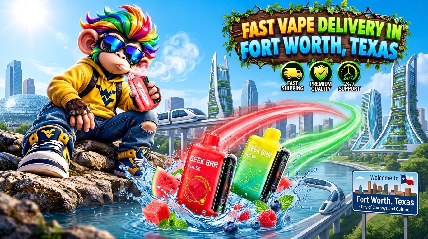 Bright vape devices with water splashes and glowing trails set against a futuristic Fort Worth skyline.