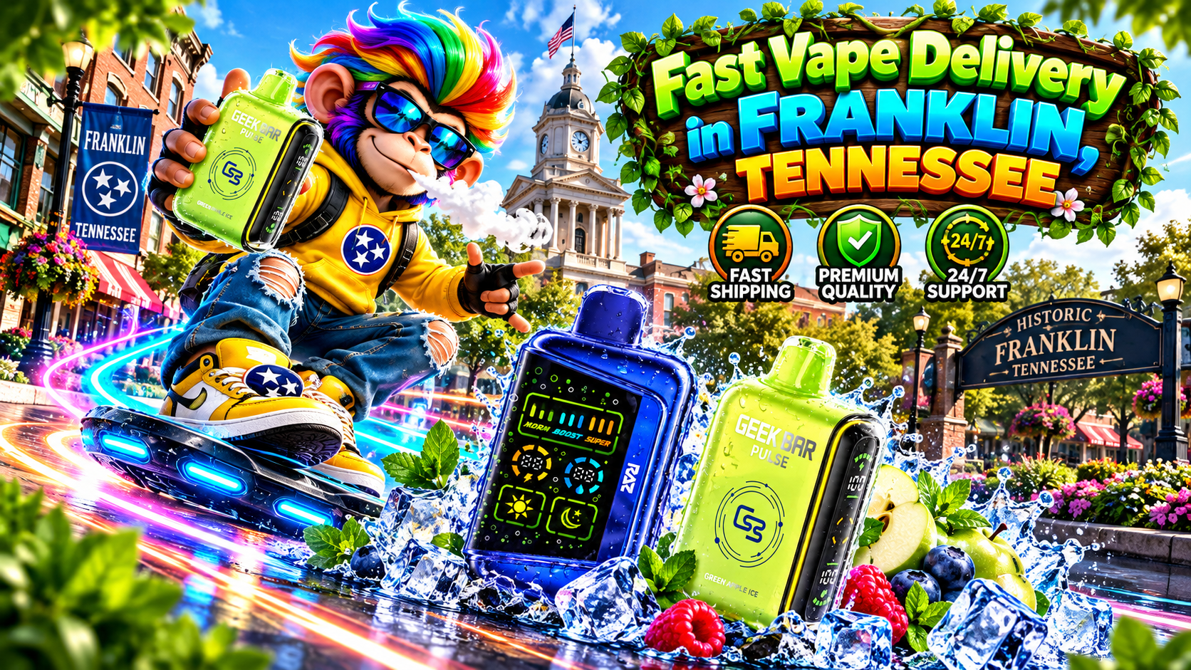 Bright delivery scene with colorful devices, water splashes, ice accents, and scenic Franklin landmarks.