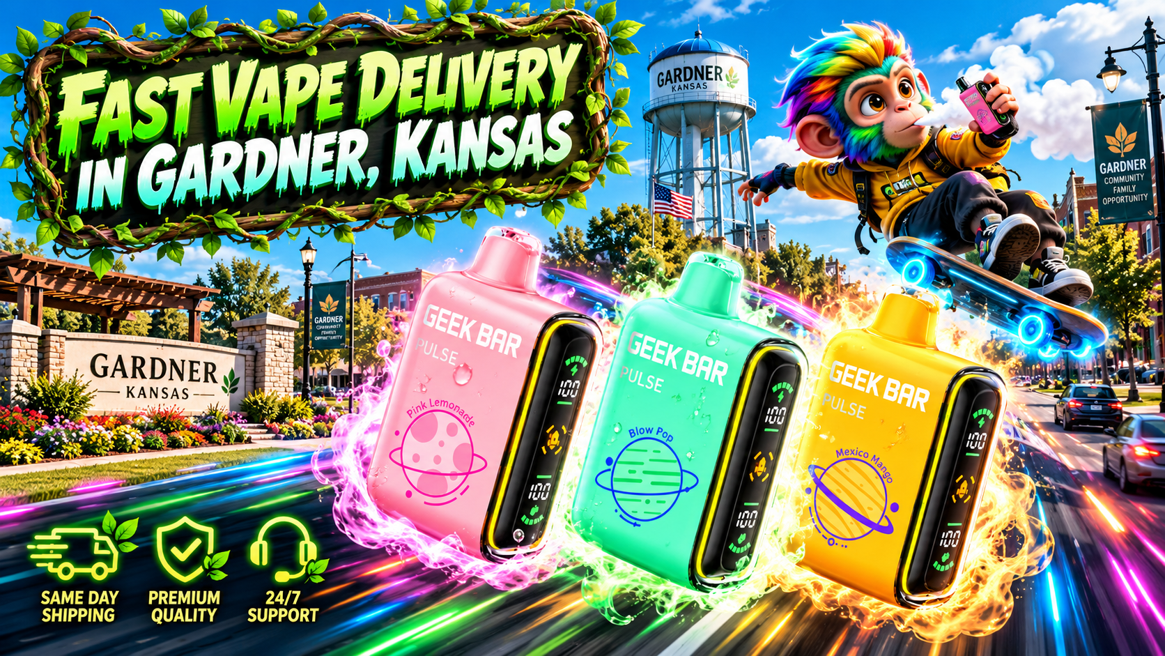Colorful Device Lineup Across Gardner, Kansas Three colorful devices glow with vivid energy effects against a sunny Gardner, Kansas streetscape.