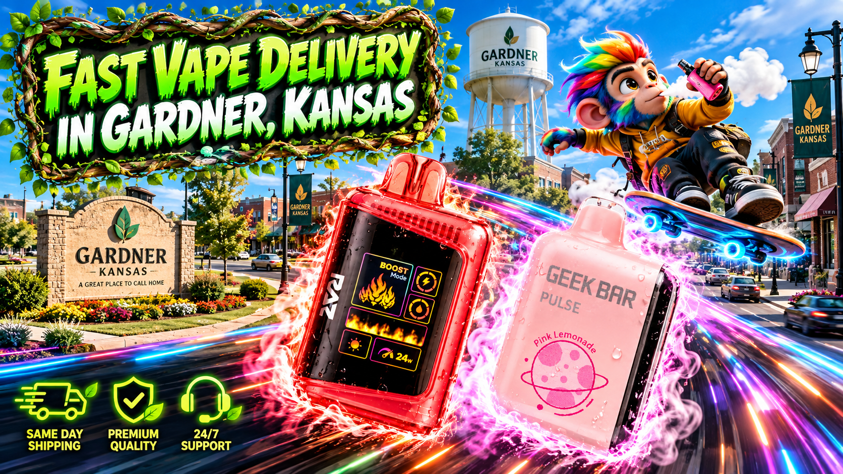 Neon Device Scene Along Gardner, Kansas Streets Red and pink devices glow amid electric light streams with sunny Gardner, Kansas landmarks behind them.