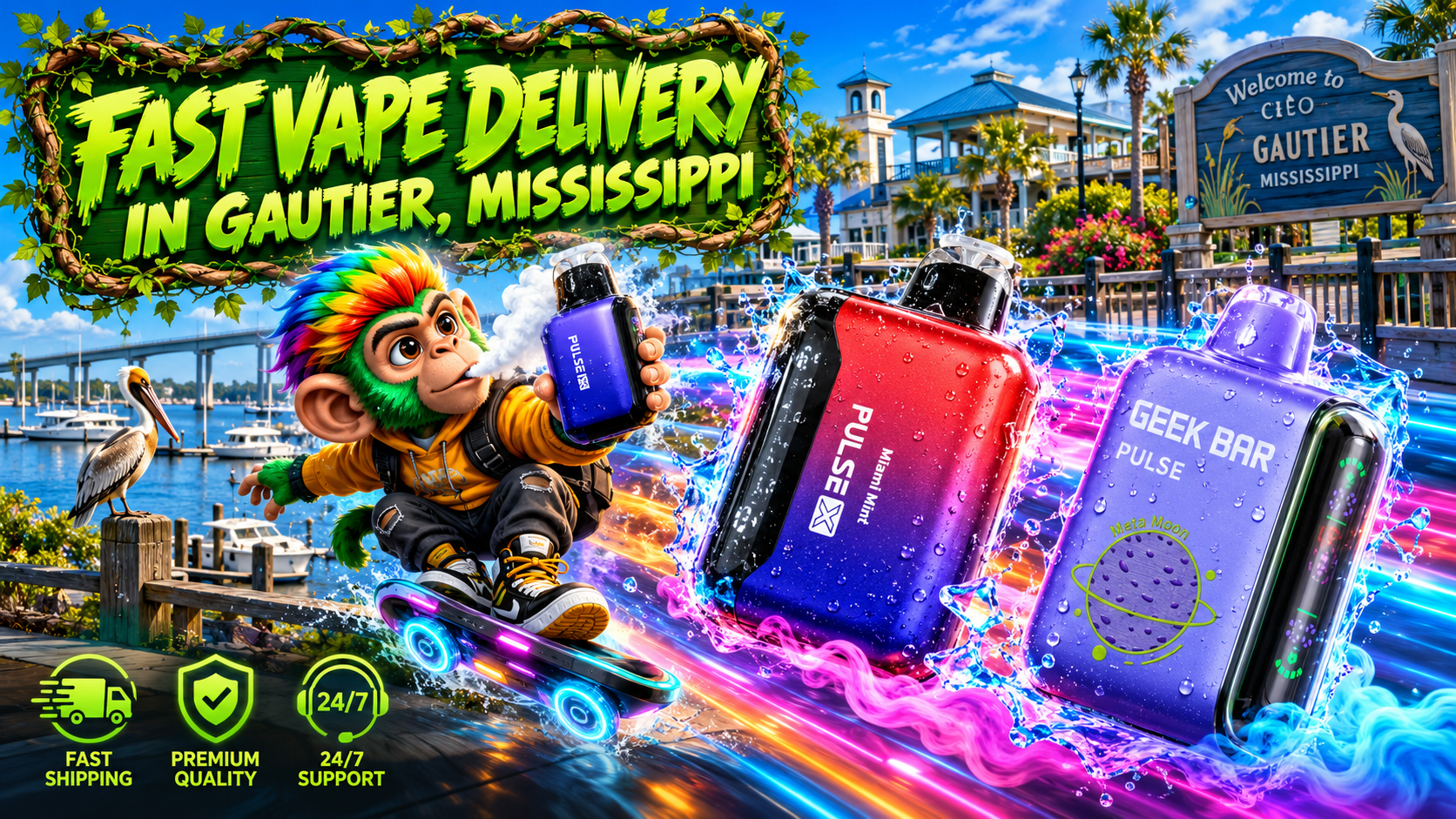 Colorful vape devices surrounded by glowing water splashes and electric trails soar above Gautier's sunny coastal marina.