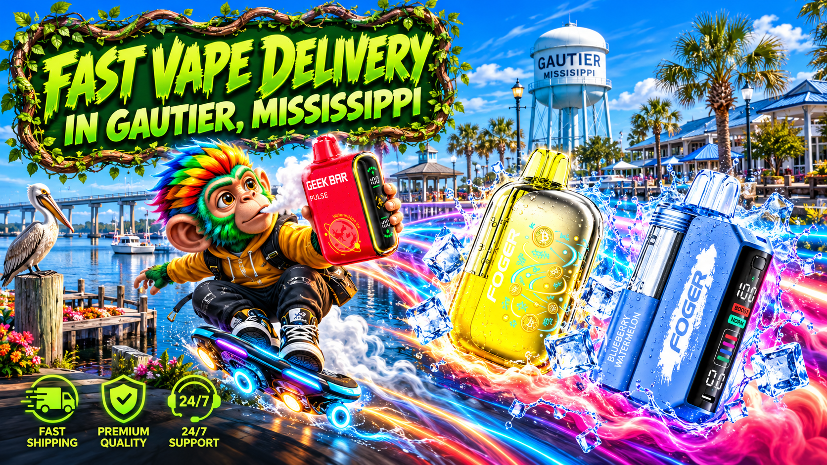Three bright vape devices with icy splashes and neon motion trails race across Gautier's sunlit waterfront scenery.