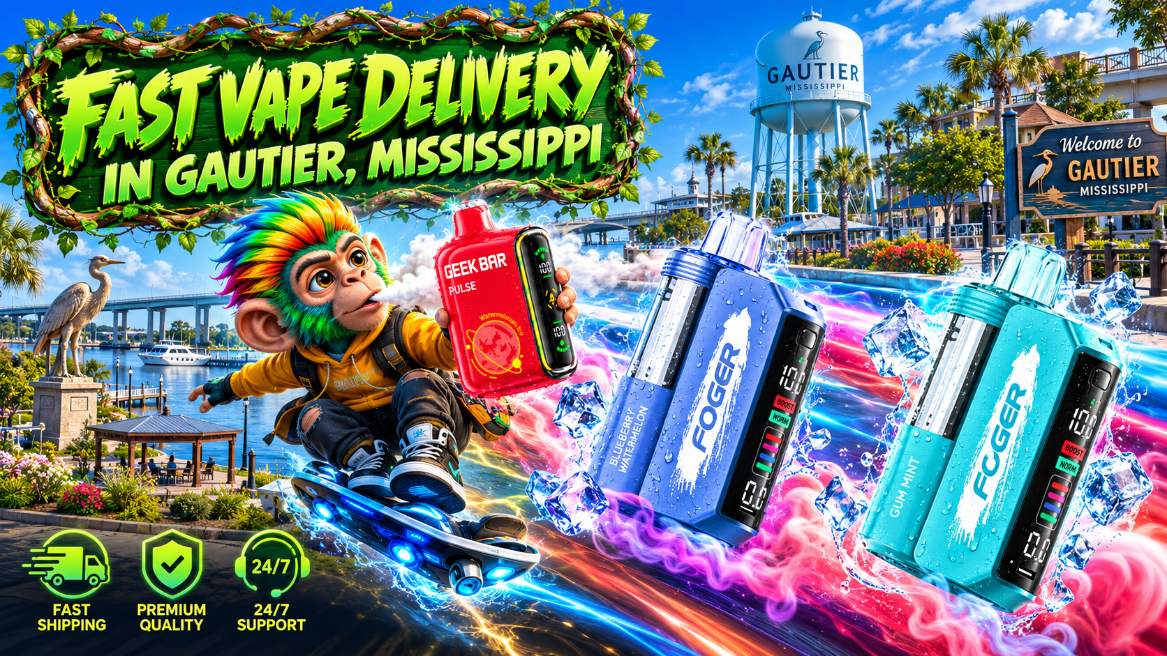 Fast Vape Delivery in Gautier, MS – Colorful Devices and Neon Energy Along the Waterfront Three vibrant vape devices glide past Gautier, Mississippi's waterfront amid icy splashes, neon streaks, and colorful effects.